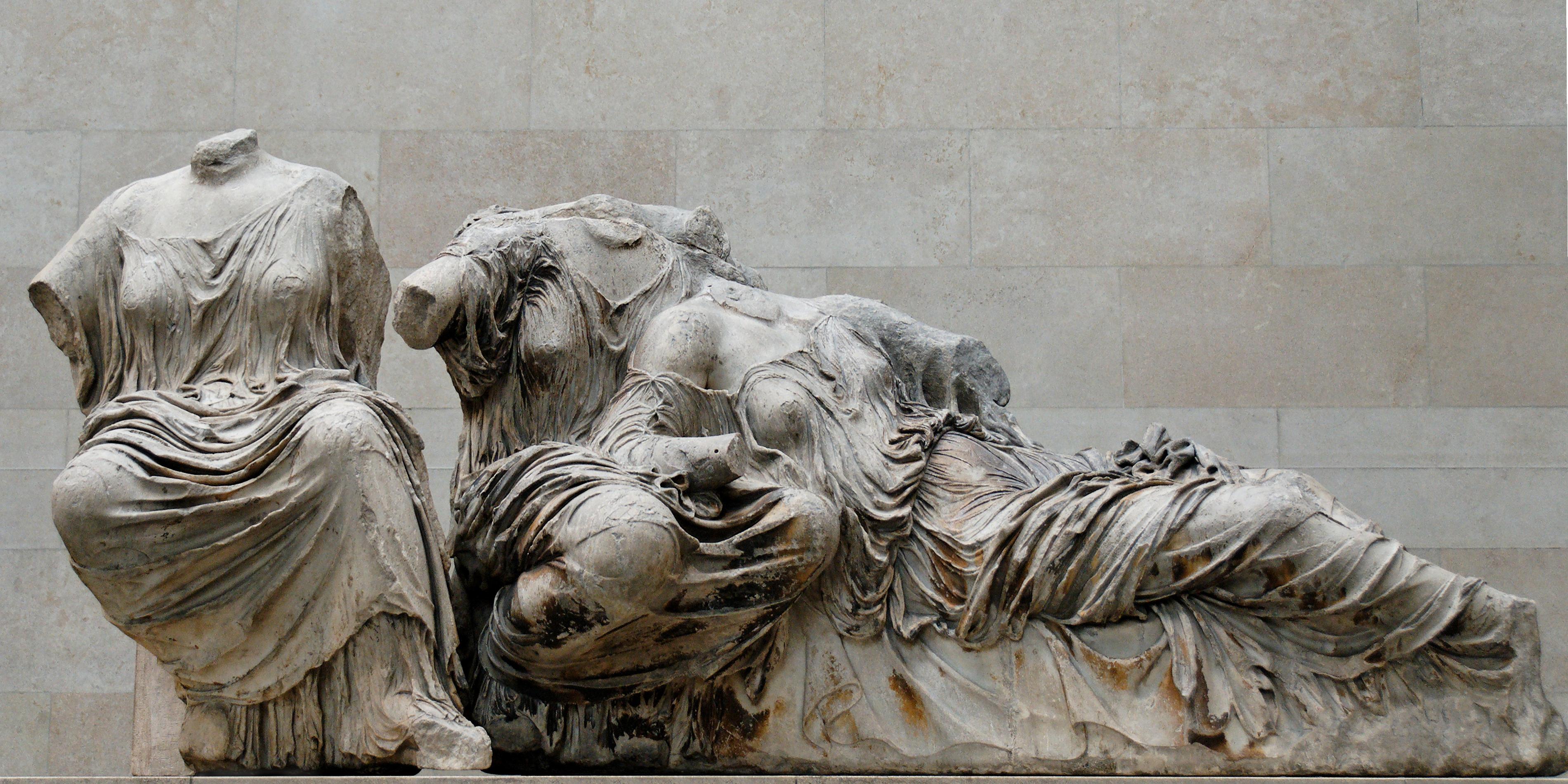 Sculpture from the Parthenon. Depicts 3 godesses (?) One is lying