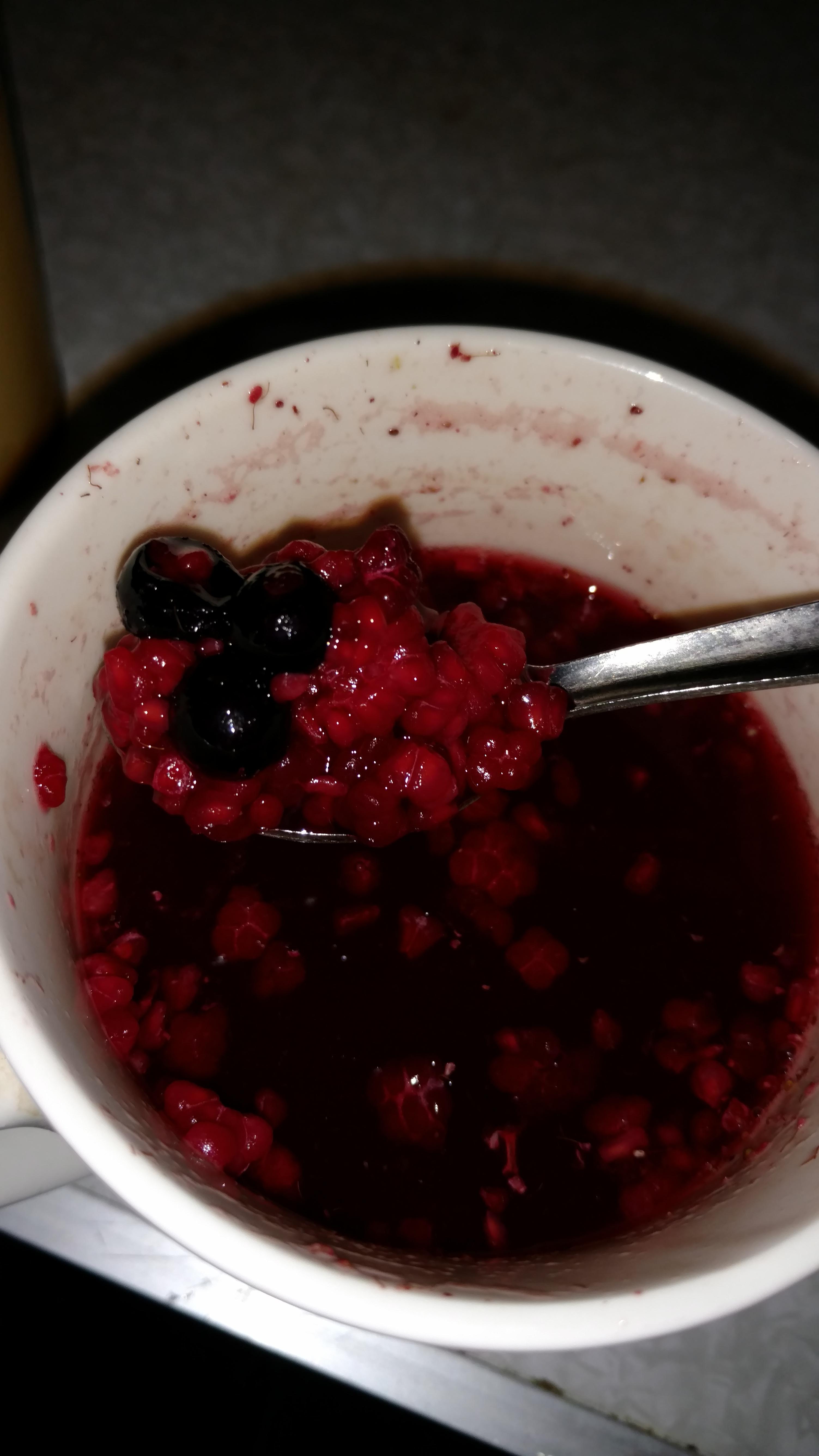 Frozen berries defrost super fast in sparkling water and make a great