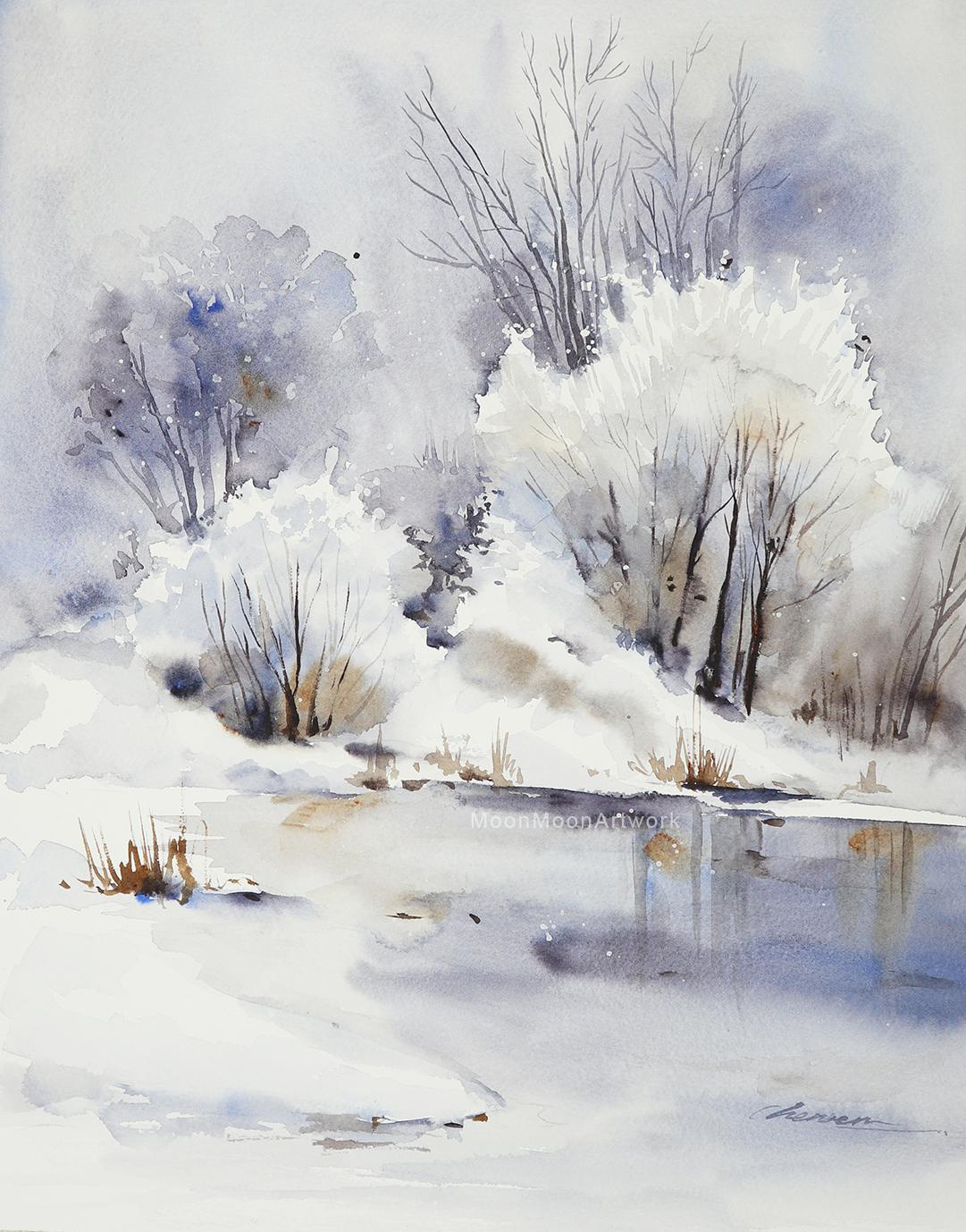 Winter inspired Watercolor painting Snowy Landscape. Please feel free to see my video how to do
