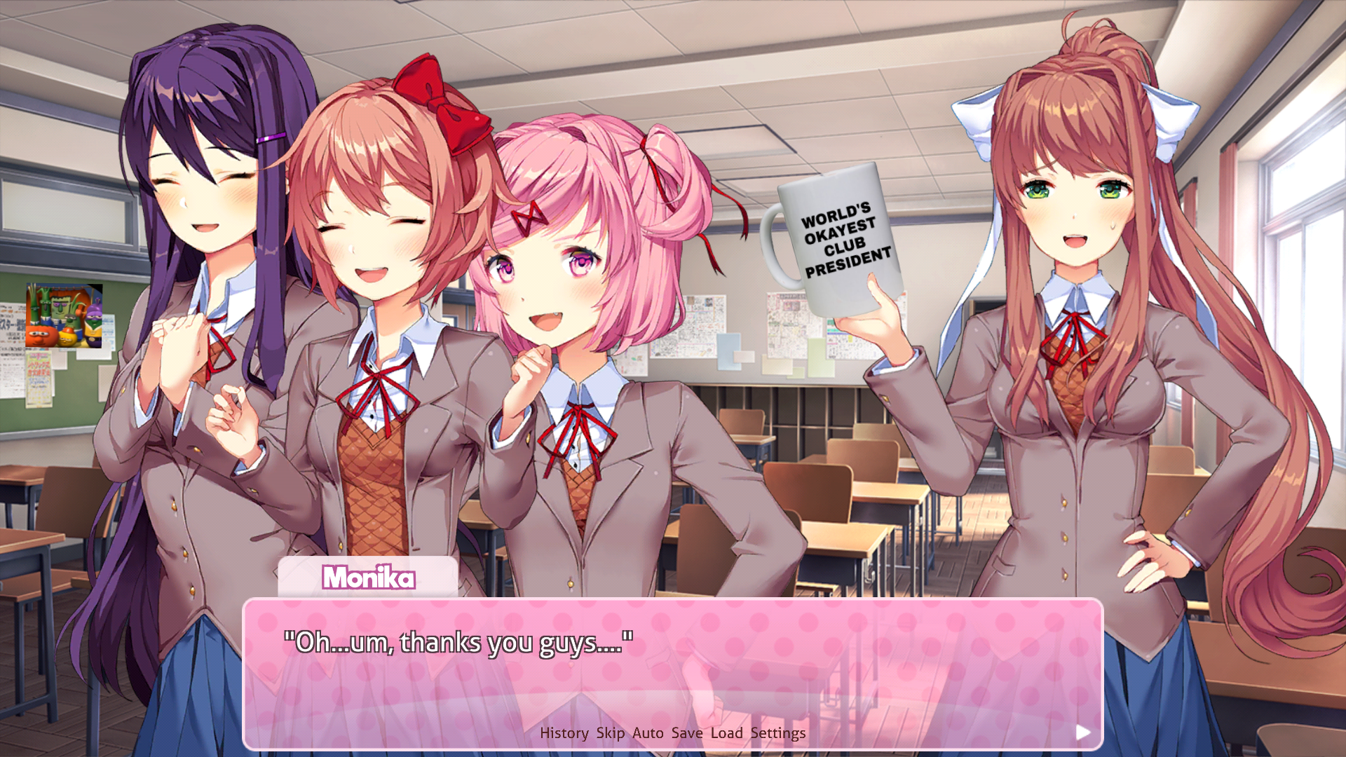 The girls surprise Monika with a new coffee mug. DDLC