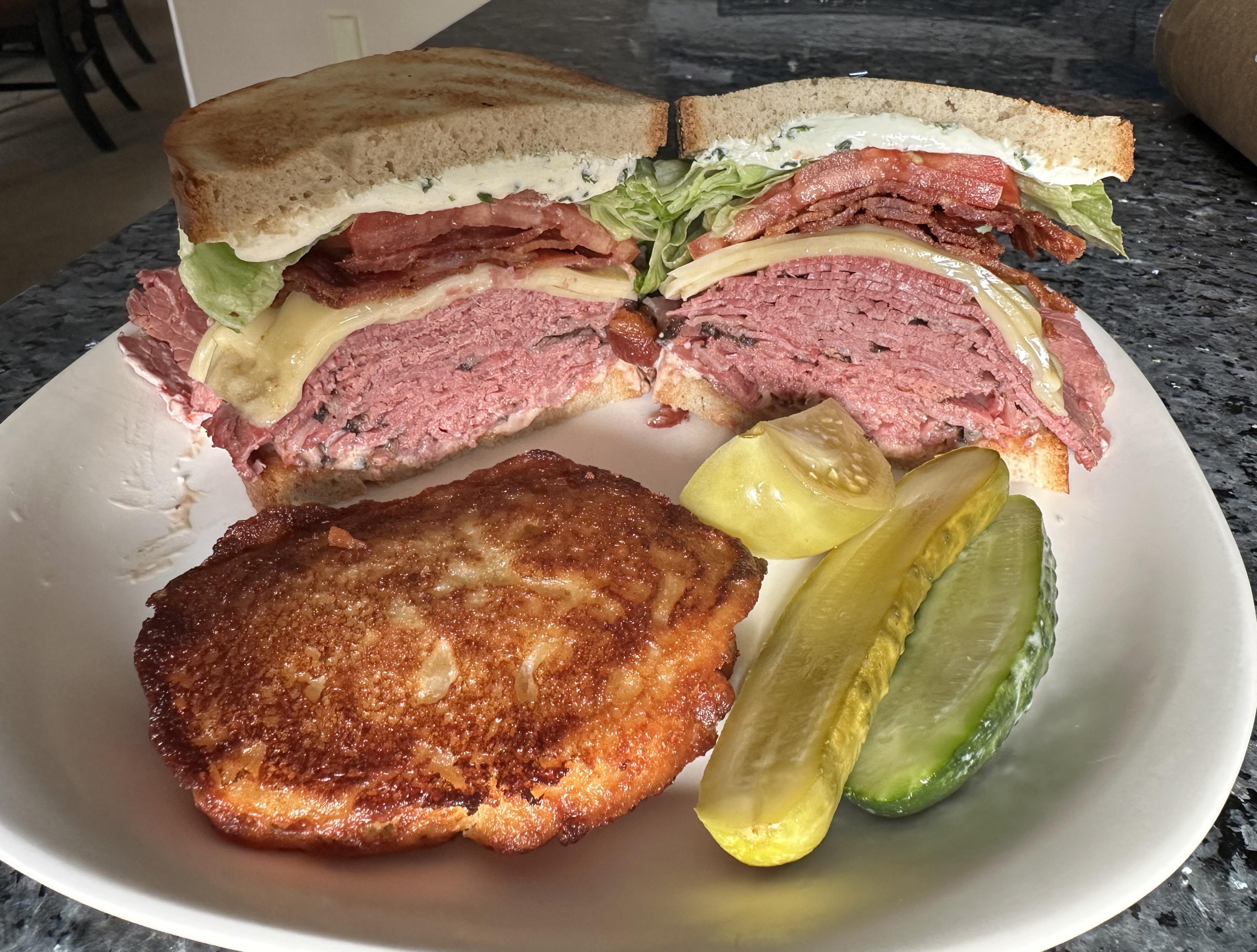 [I Ate] Corned beef, pastrami, bacon, Swiss, lettuce & tomato, Russian