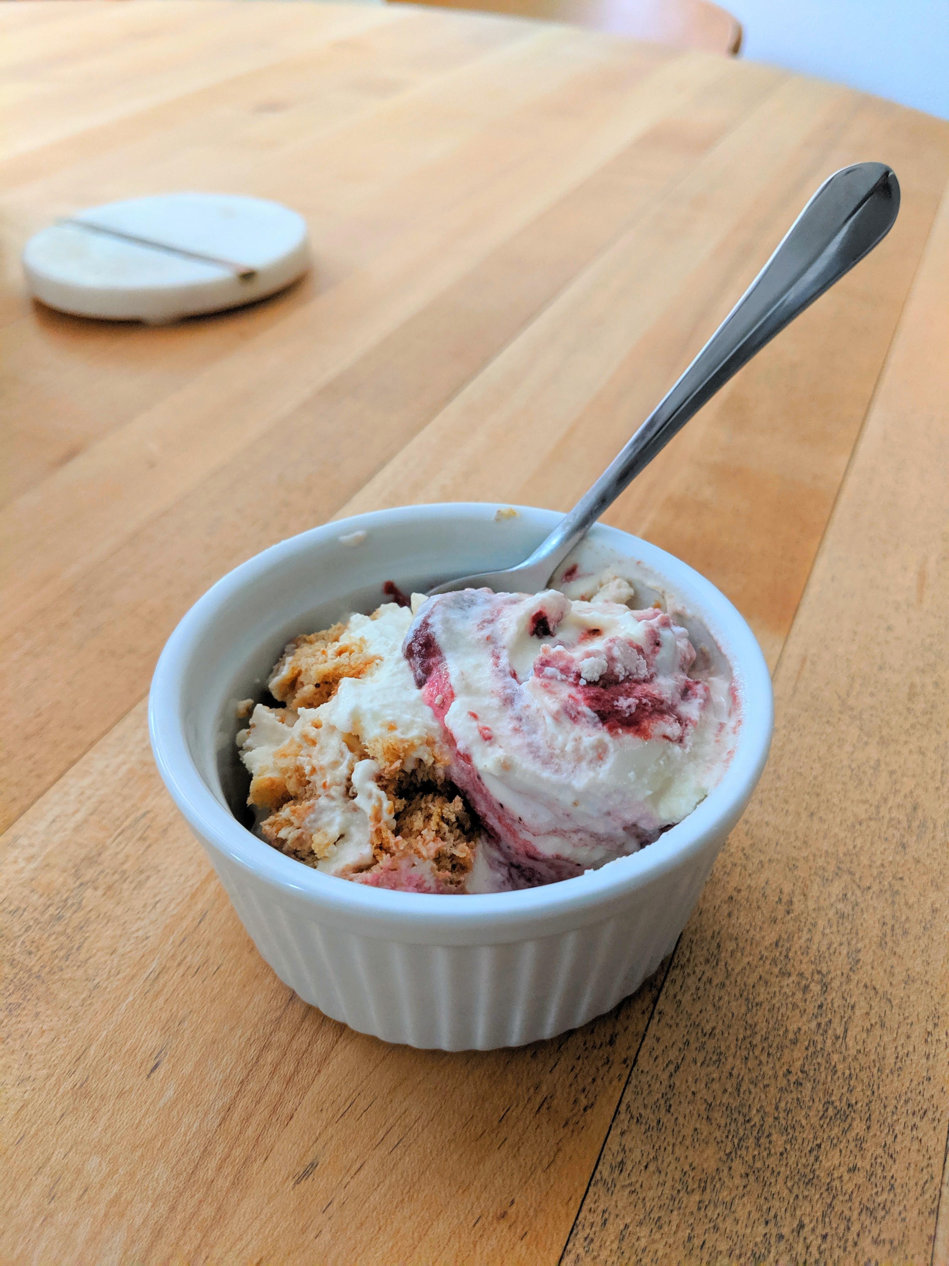 Goat cheese ice cream with strawberry balsamic swirl and graham