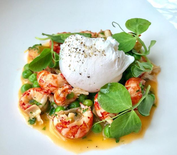 Poached FarmEgg, crawfish, leeks, pea tendrils, tarragon & vermouth