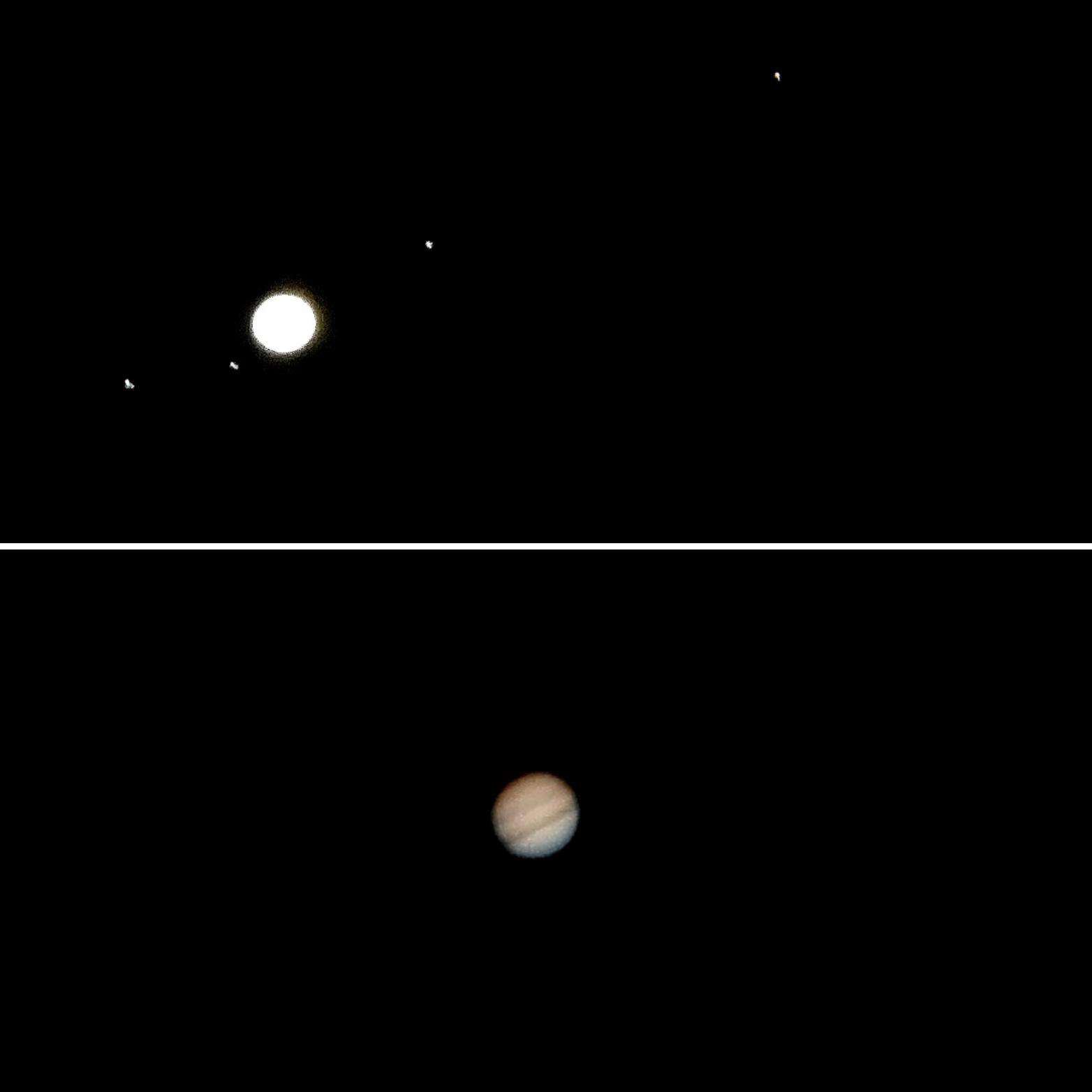 Jupiter and its moons and Jupiter itself shot with a phone camera