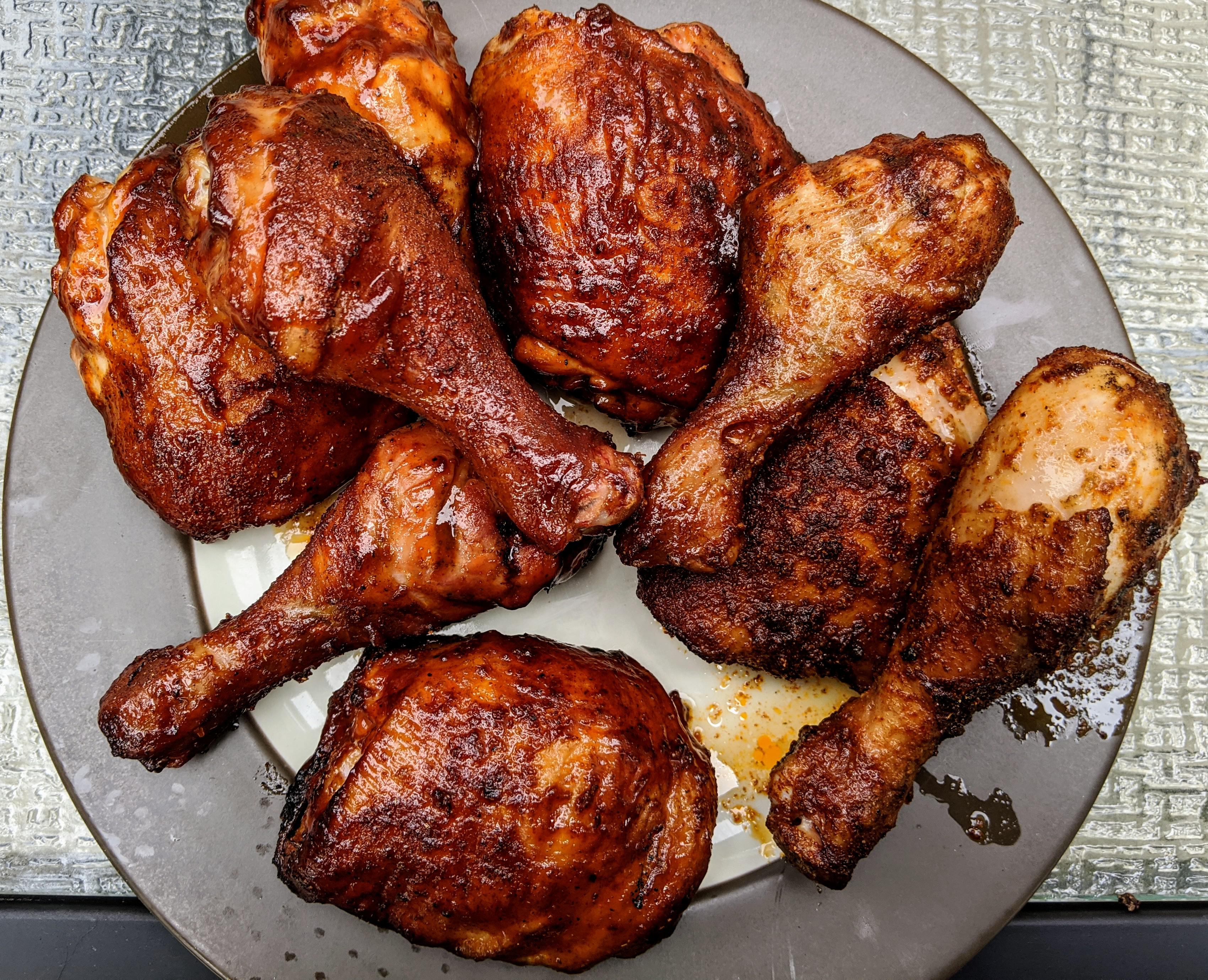 Quick pecansmoked thighs and drums at 350 for about 45 minutes after a