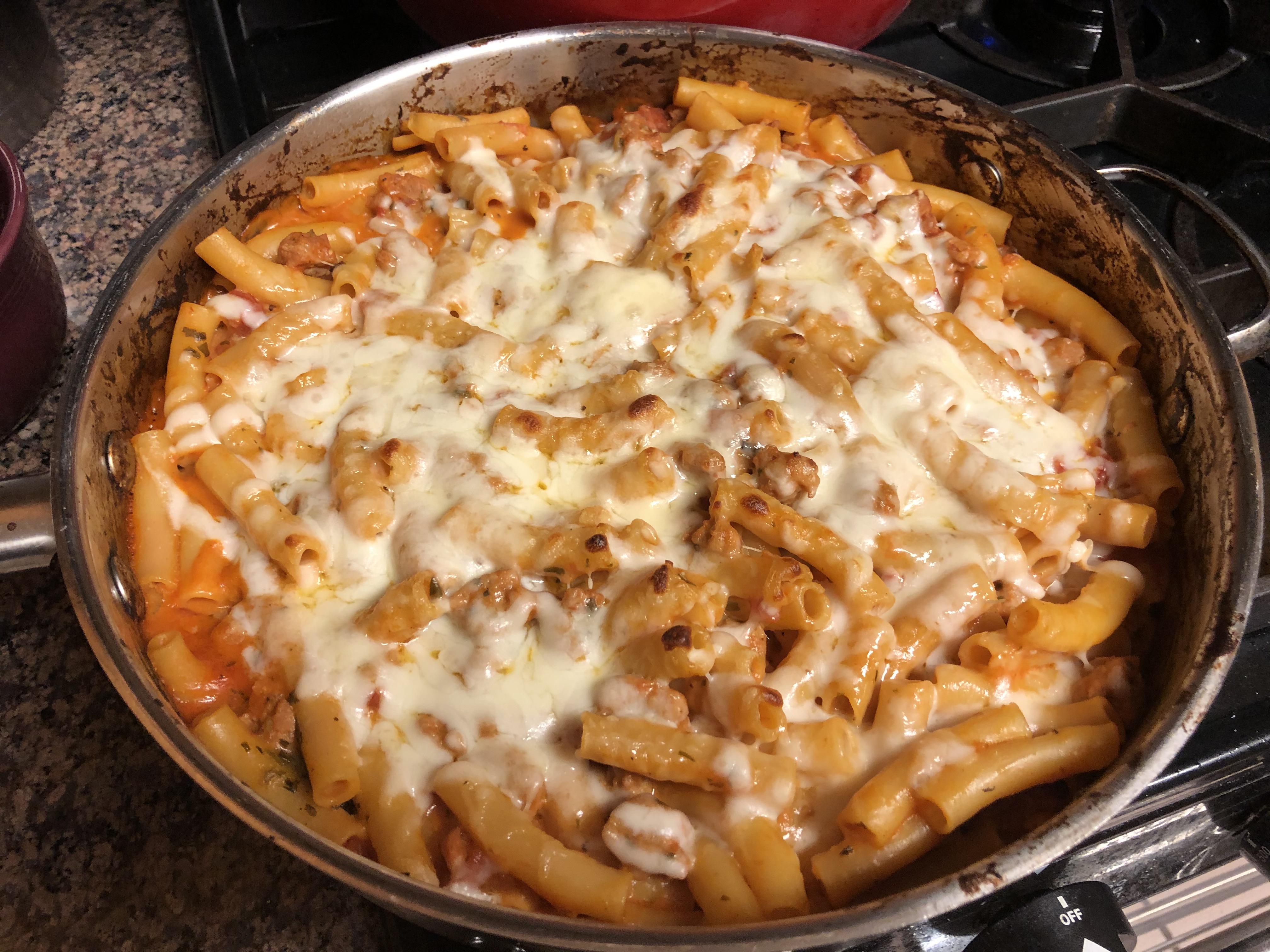Skillet baked ziti with turkey sausage. r/FoodPorn