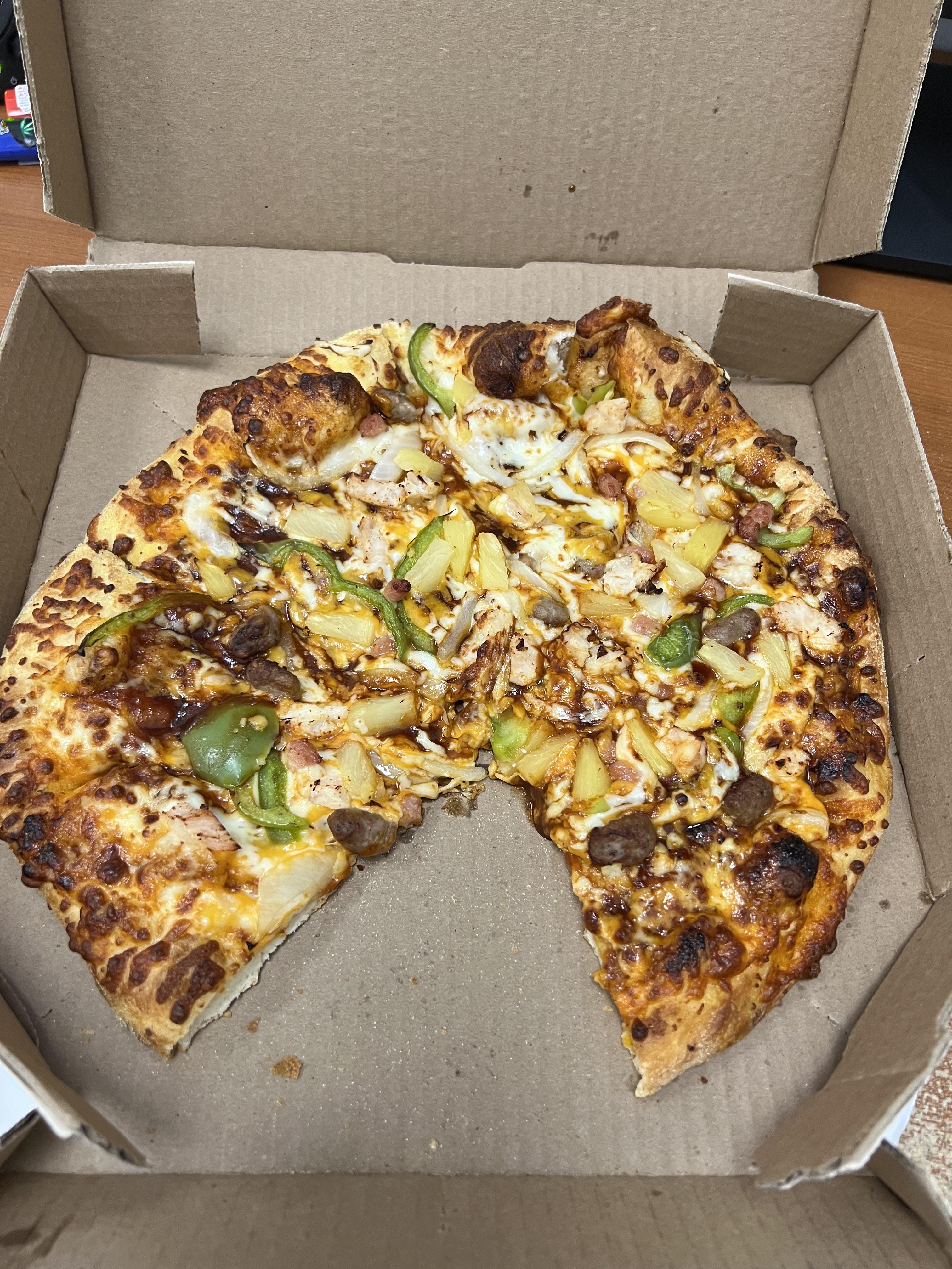 BBQ chicken with pineapple and beef crumble r/Dominos