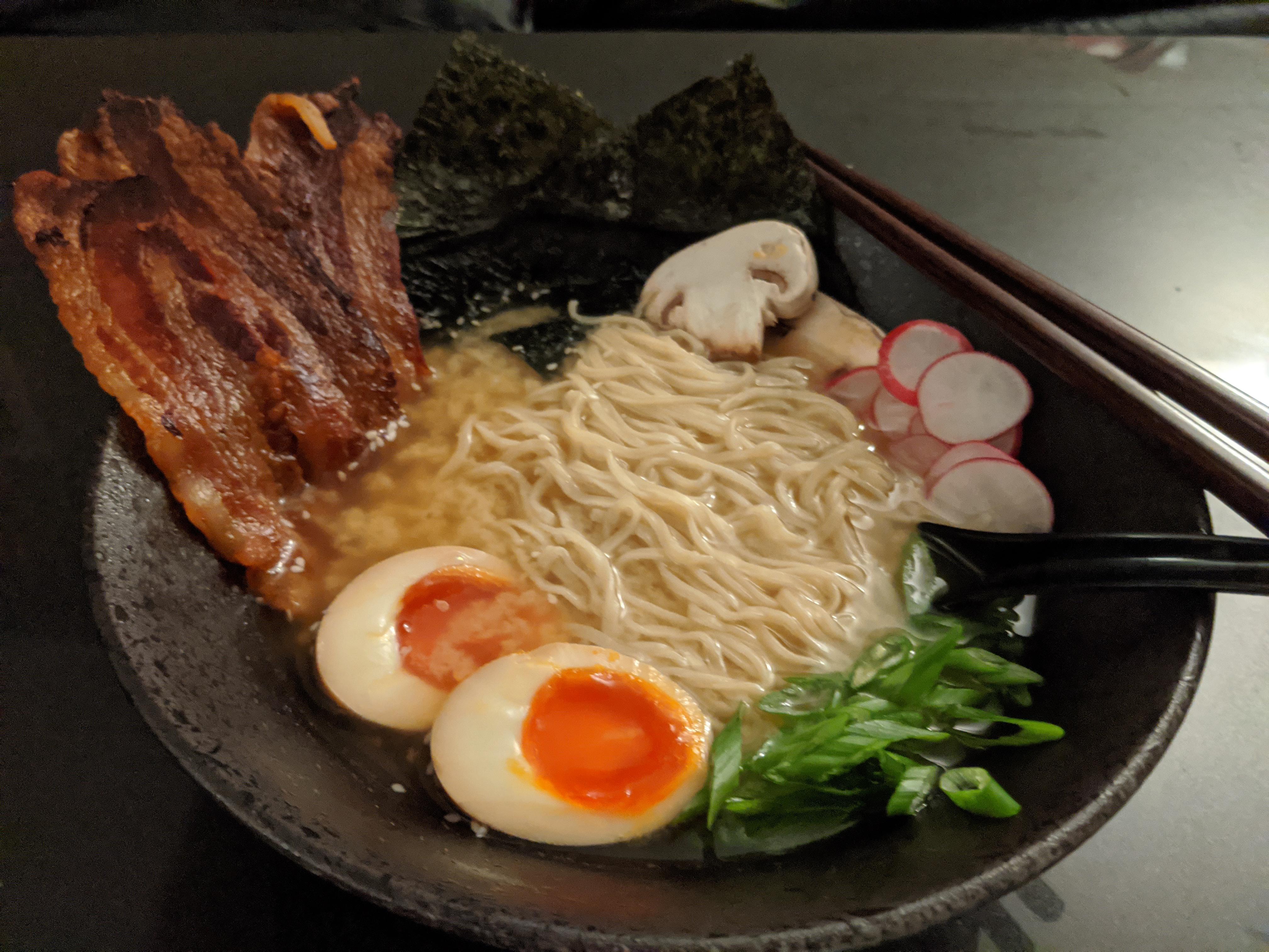 Homemade Miso Ramen with bacon, white mushrooms, and radishes r/ramen