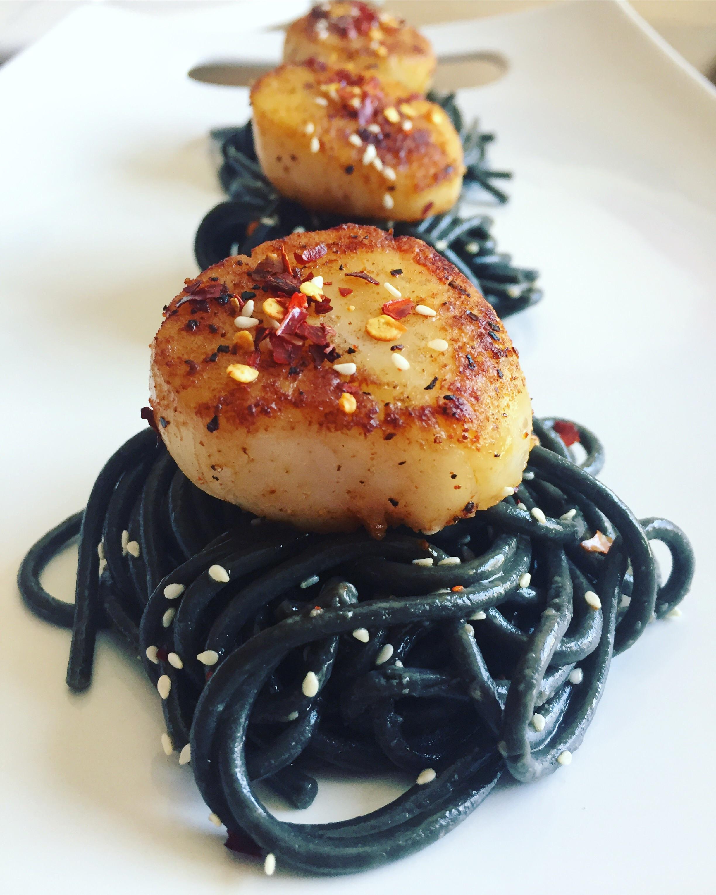 [Homemade] Pan Seared Scallops and Squid Ink Pasta with Peanut Sauce
