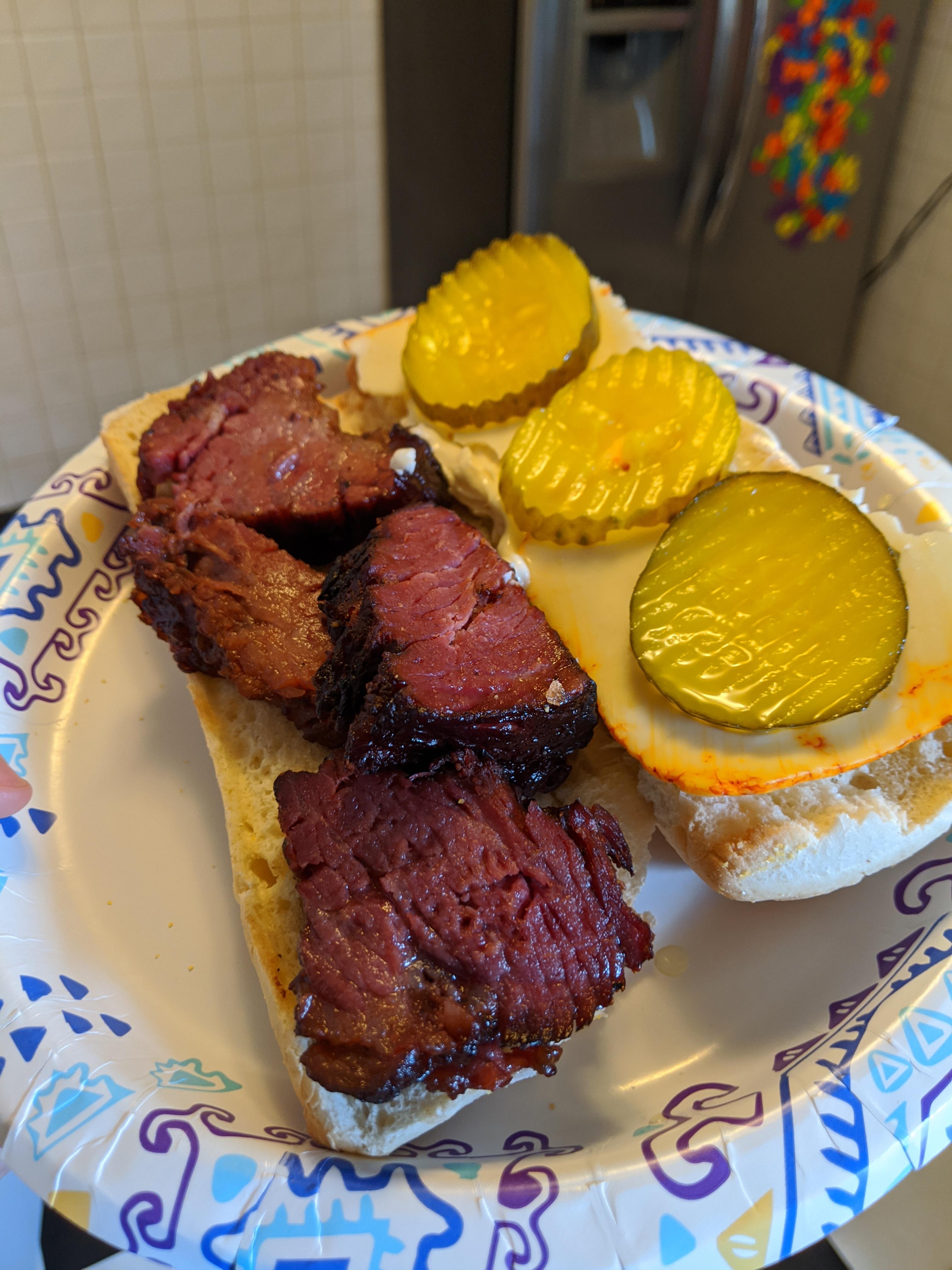 [Homemade] Smoked Brisket Sandwich with muenster cheese, dill pickles