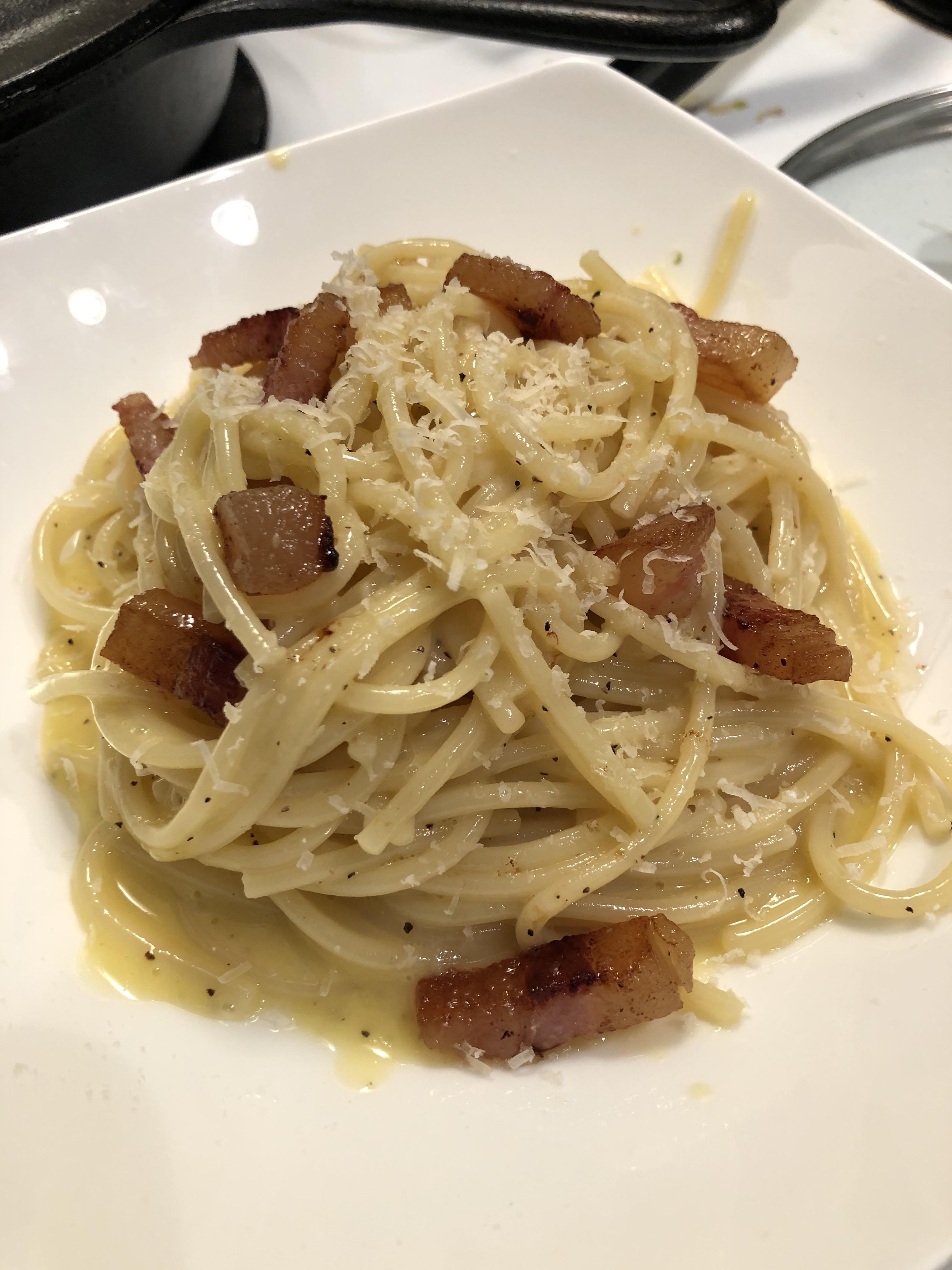 Spaghetti carbonara with guanciale. Thoughts? (sauce sunk a little bit