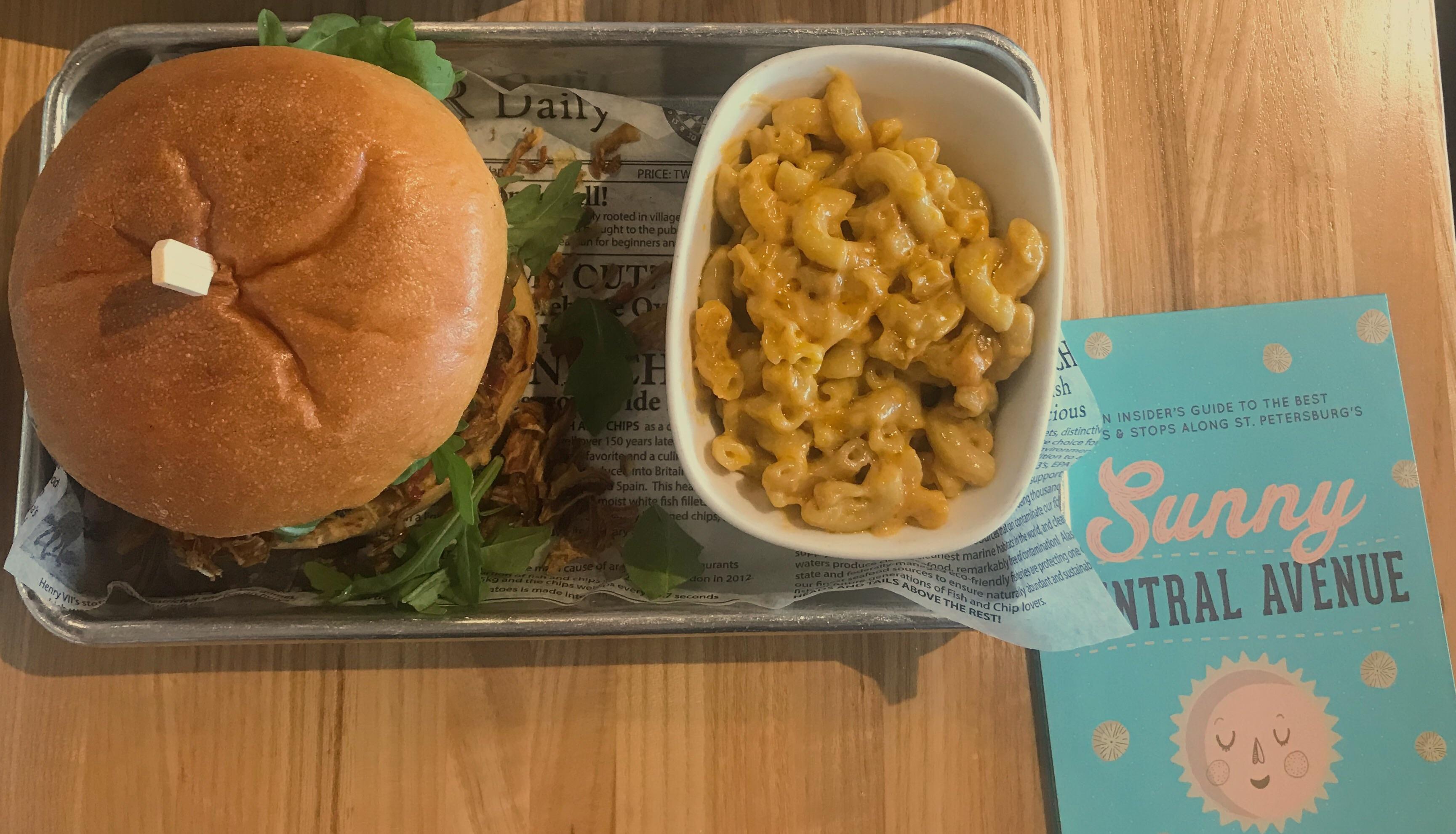 Delicious vegan burger and out of this world vegan Mac n Cheese from