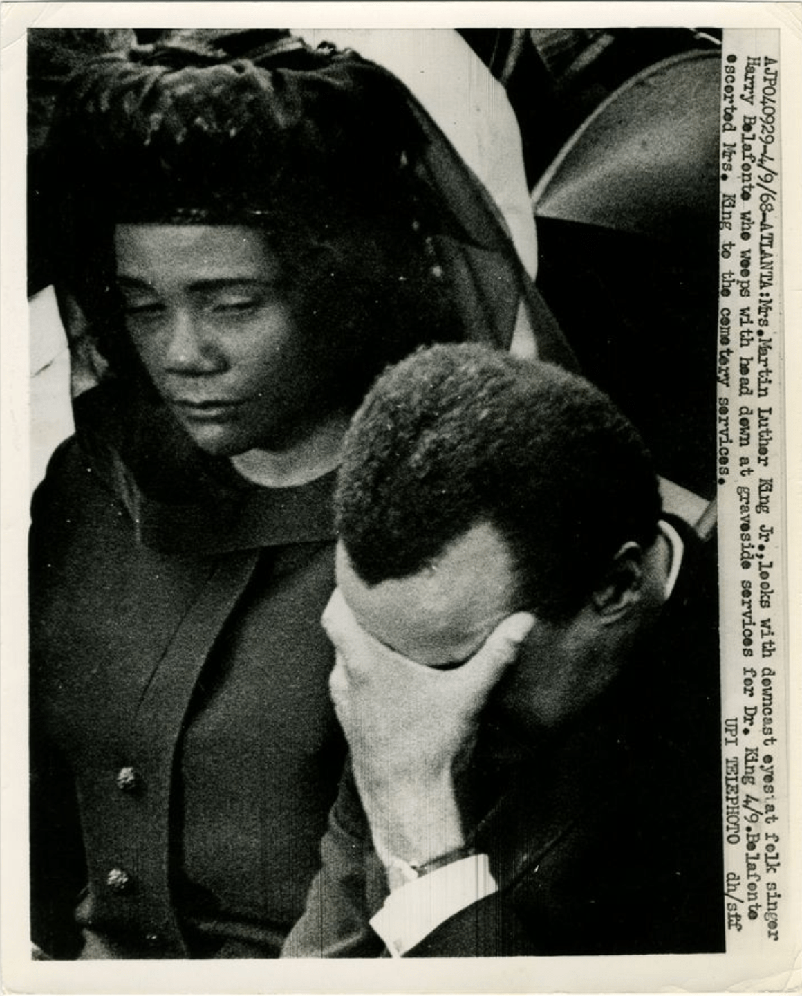 Coretta Scott King and Harry Belafonte at the burial service for Martin