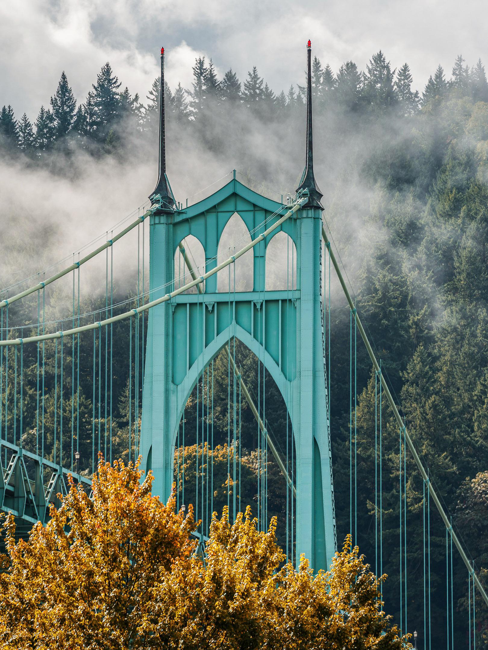 St John's Bridge in autumn, Portland Oregon USA ArchitecturalRevival