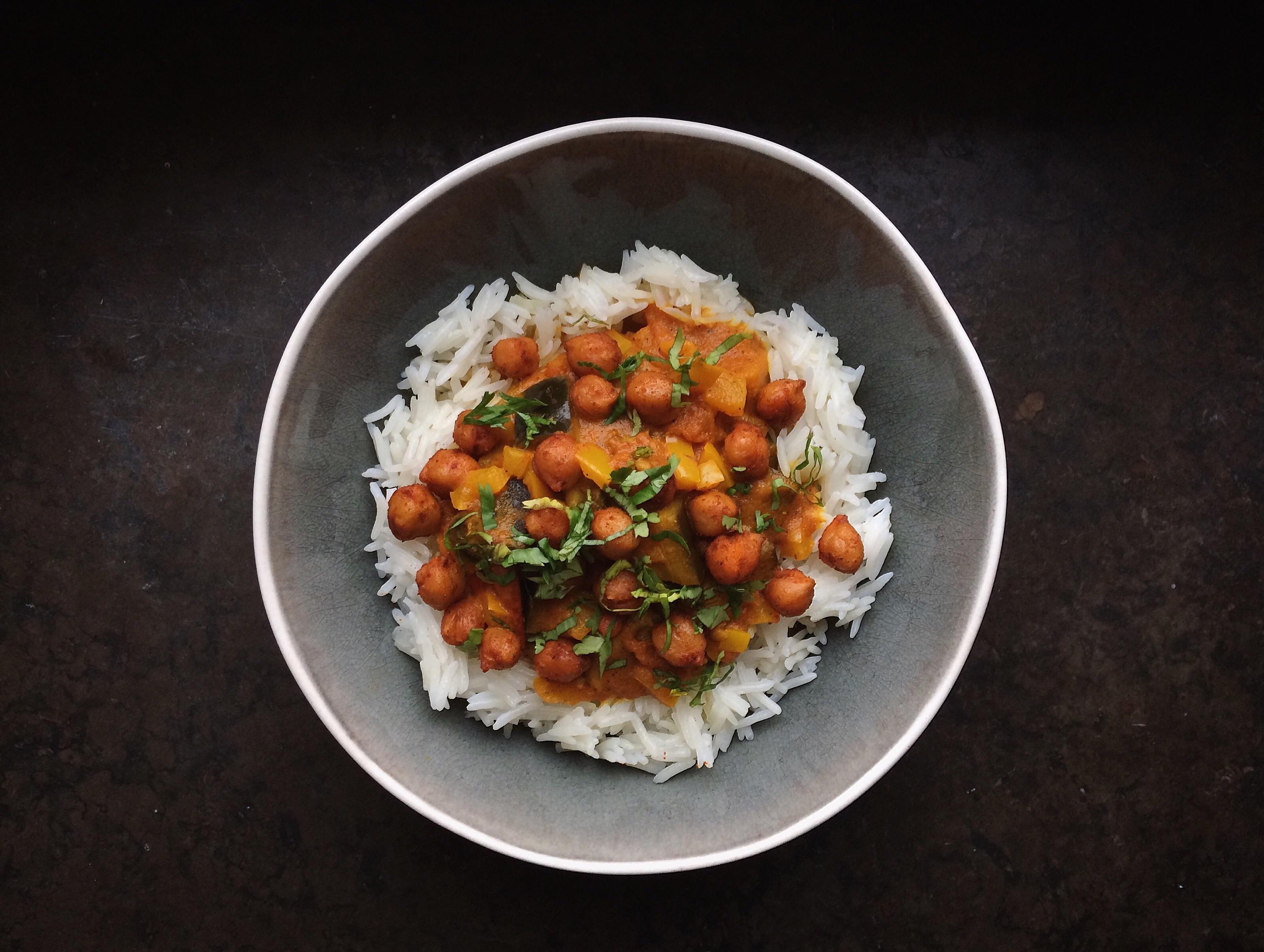 Aubergine and mushroom curry and garam masala roasted chick peas r
