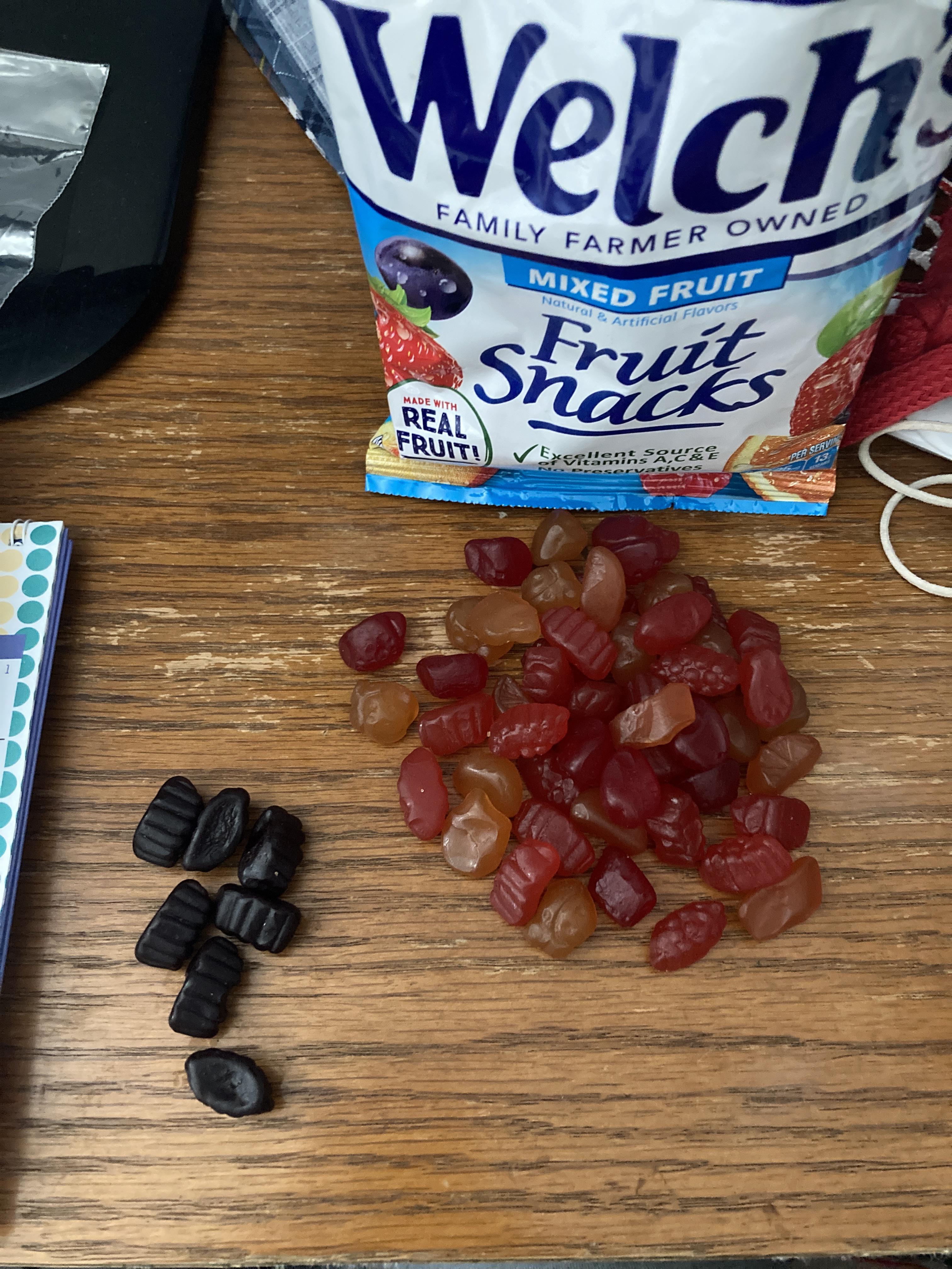 The Welch’s bag I got had 7 grape flavored gummies out of 59, which are