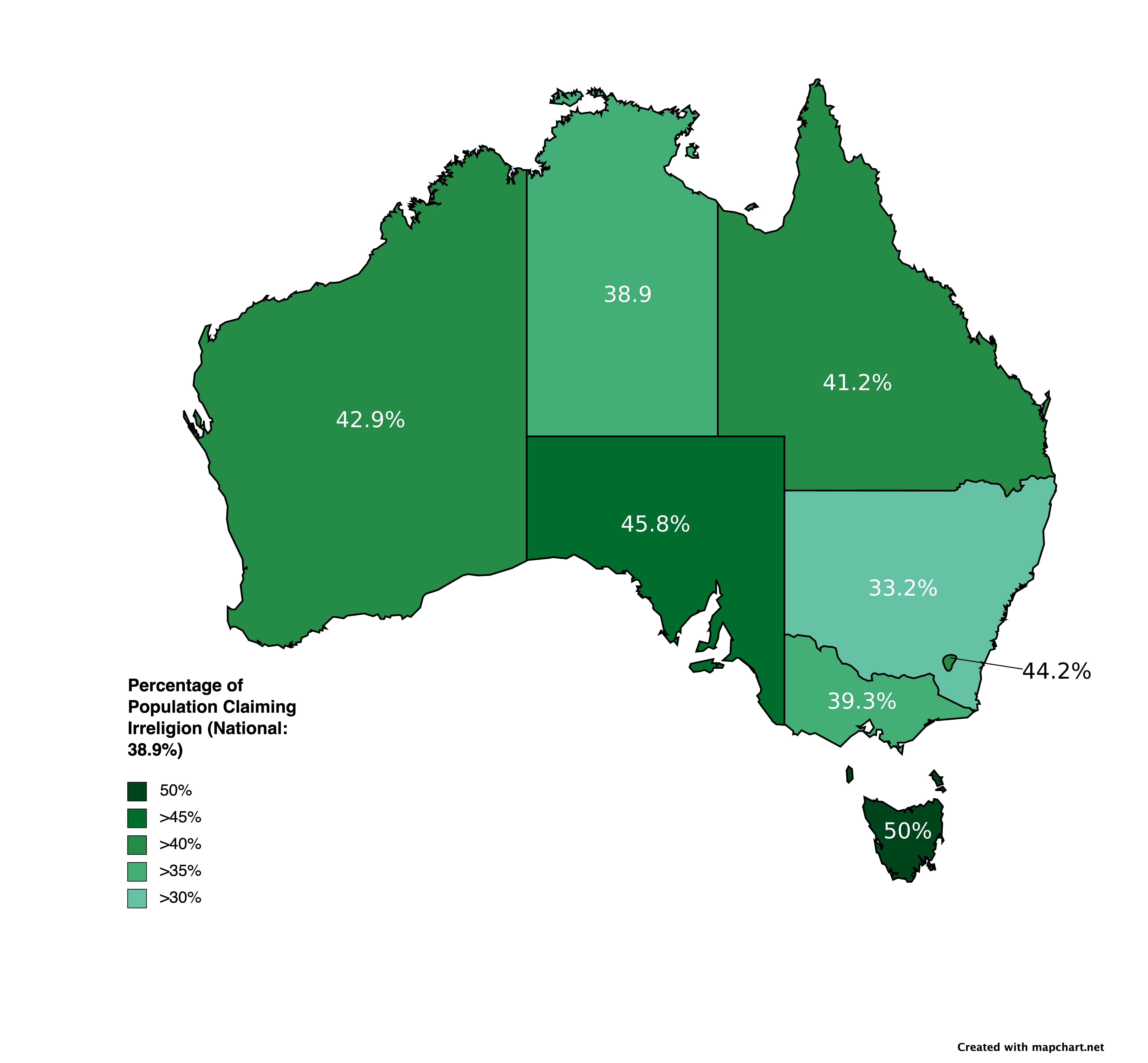 Australia's Percentage of Population Claiming Irreligion r/MapPorn