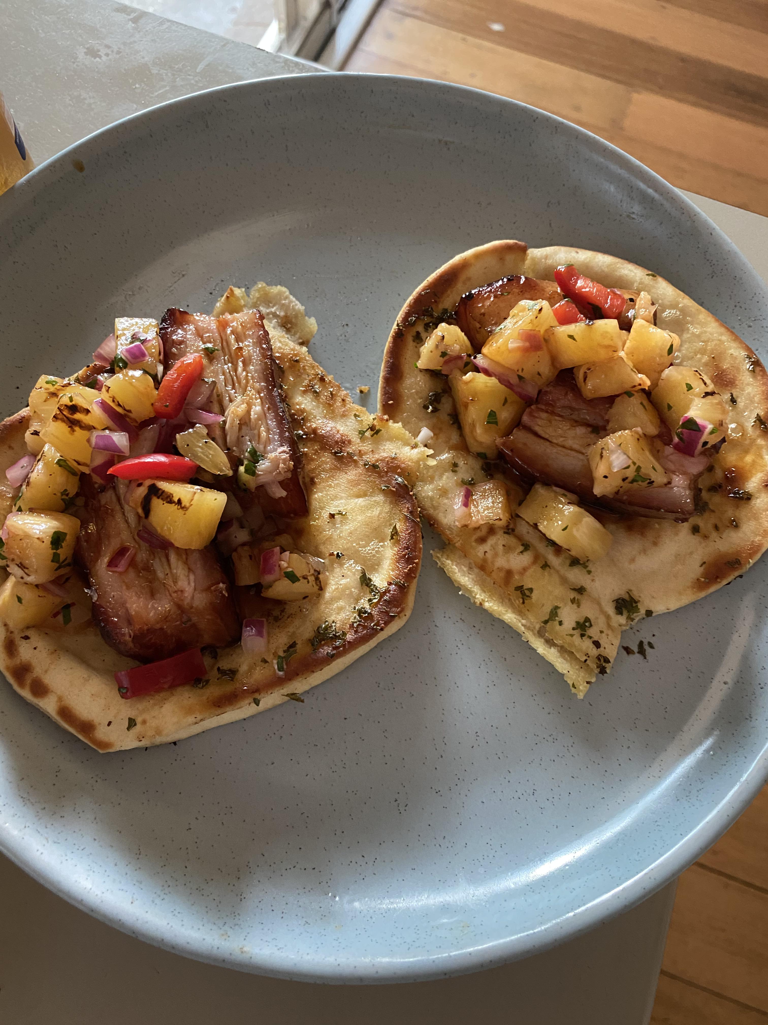 [homemade] smoked pork belly tacos with pineapple salsa r/food