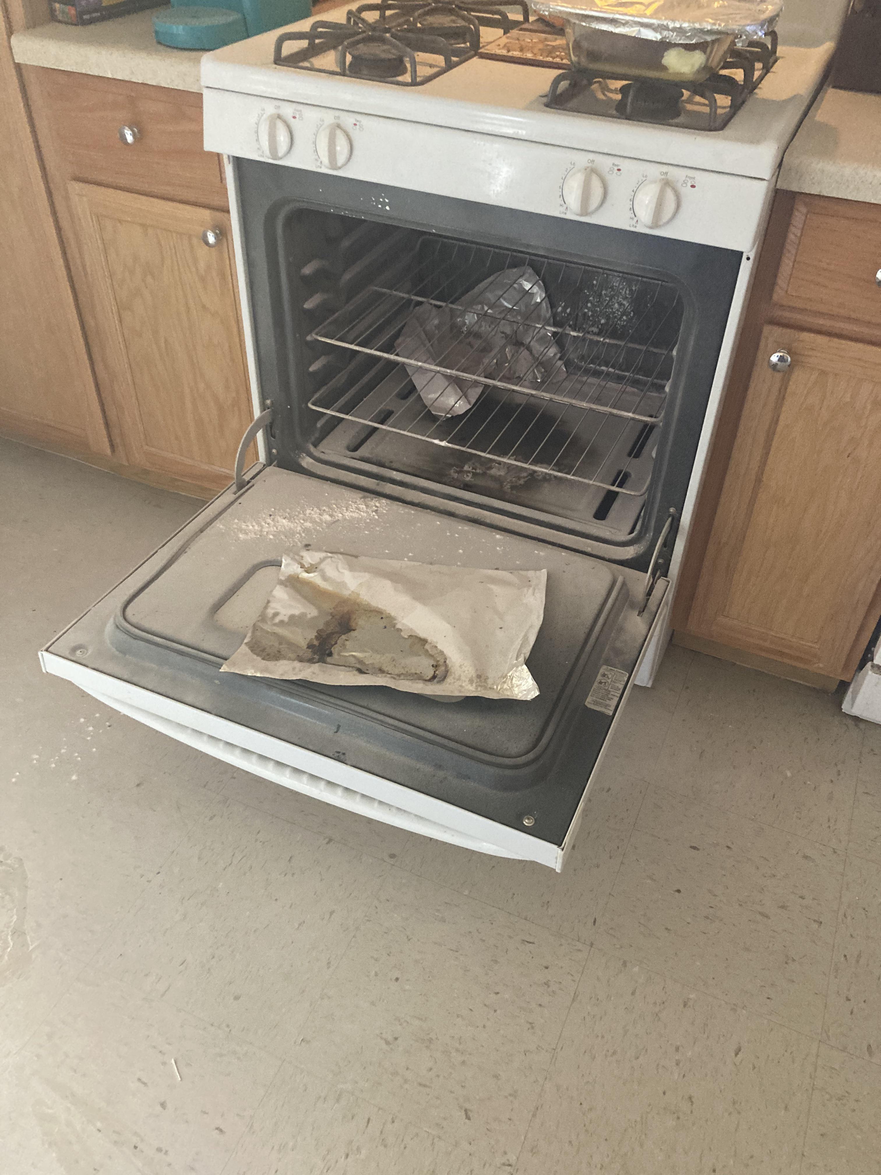 Went to preheat the oven. The drip pan from thanksgiving was still