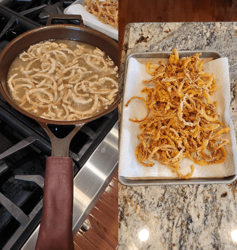 Frying onions for green bean casserole. Next, make the mushroom soup