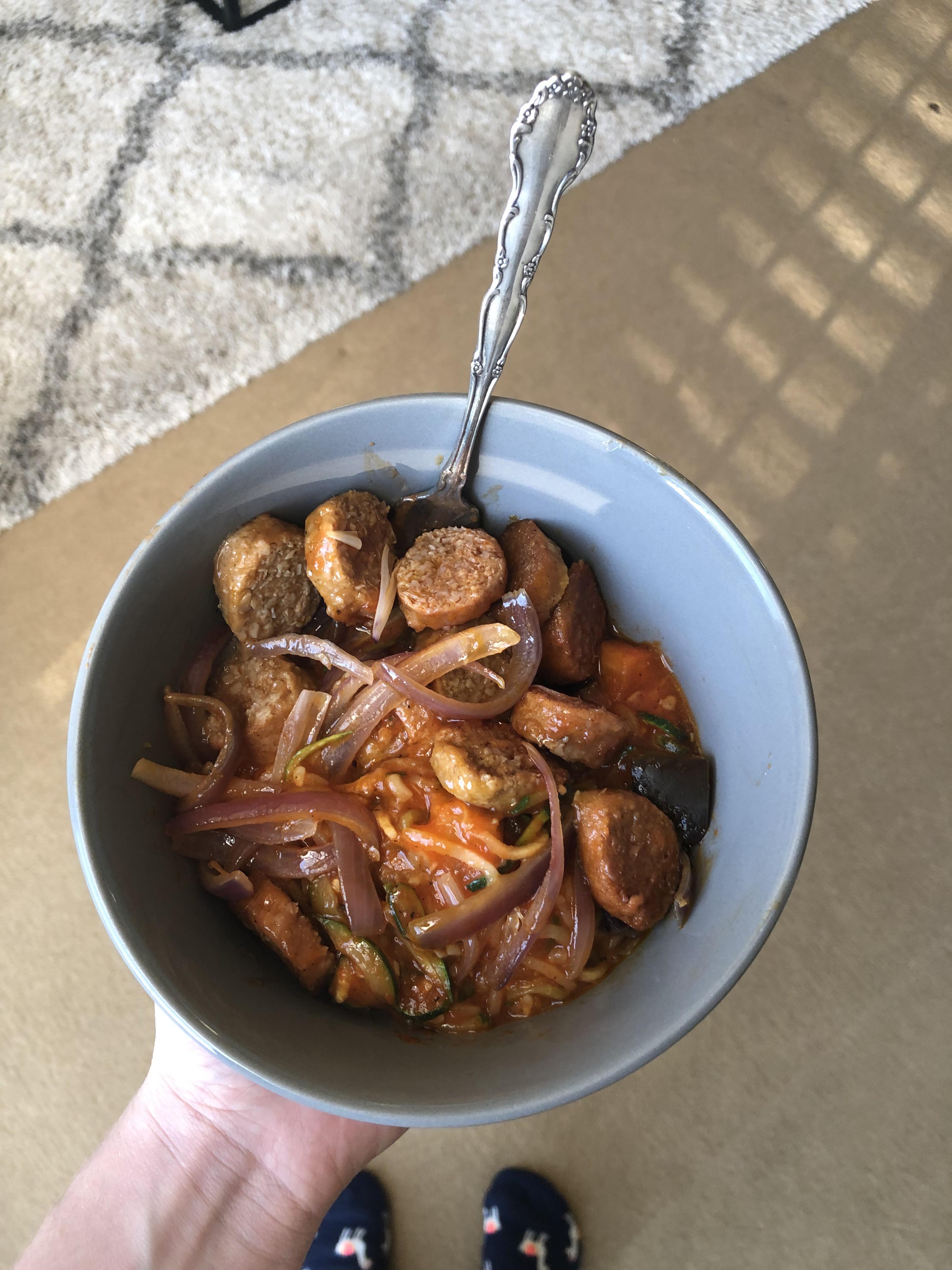 Zoodles with Beyond sausage & red pepper pasta sauce! r/veganketo