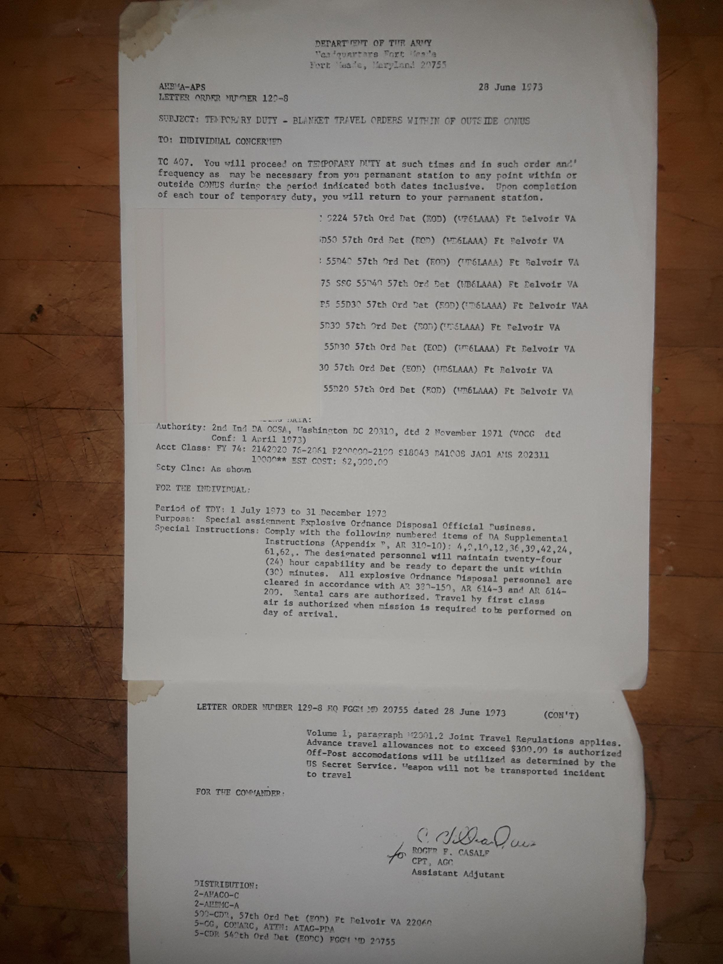 A copy of White House Support Units blanket travel orders from 1973 r