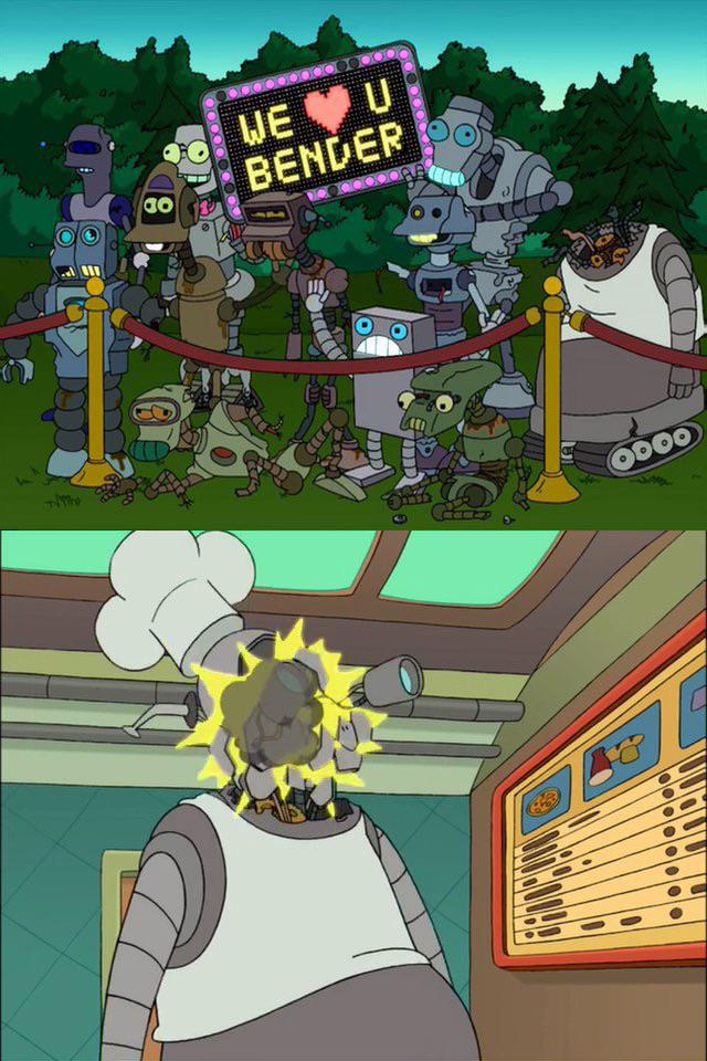 The pizzeria robot that blows up when Fry asks for Anchovies is in the