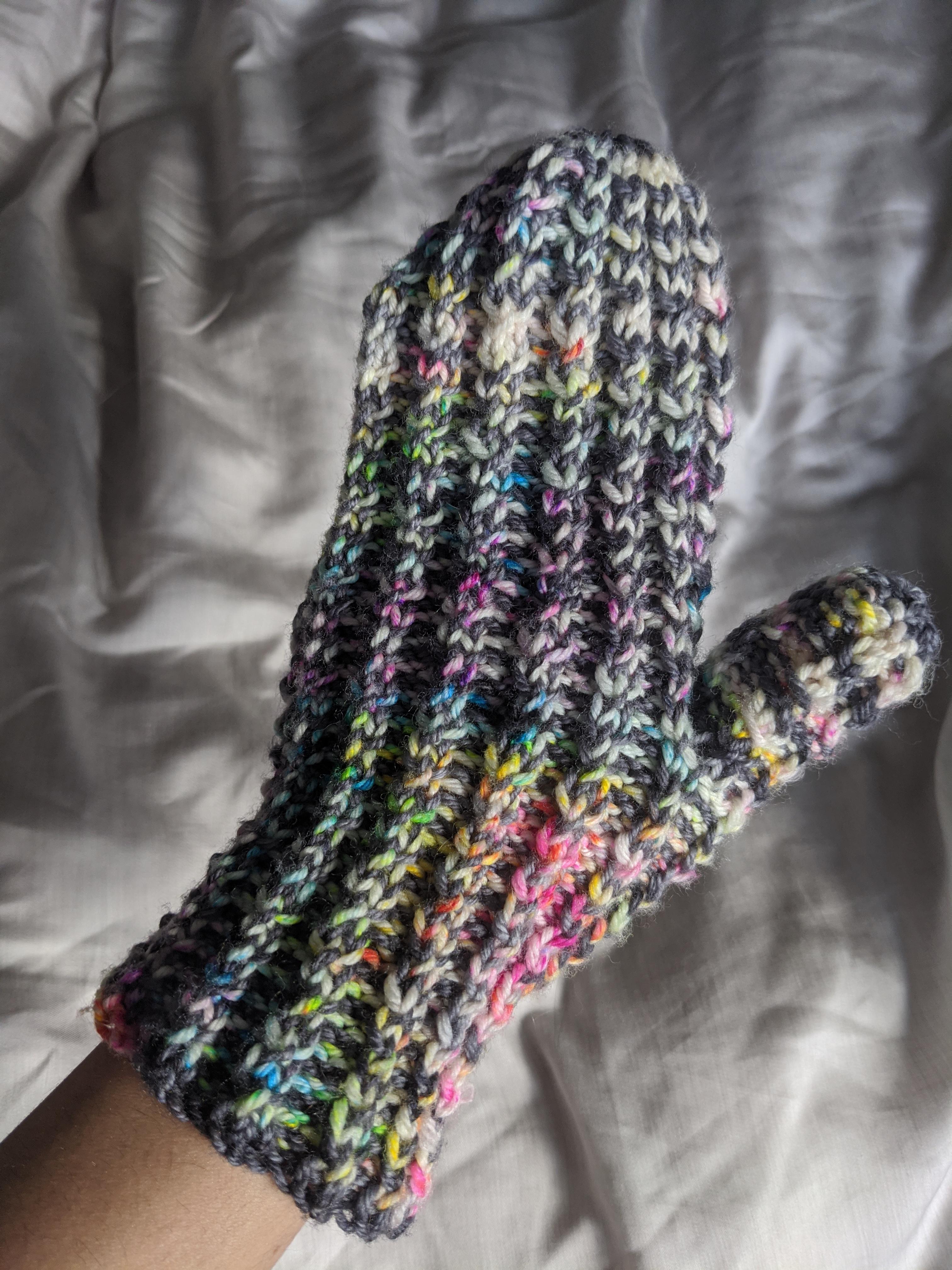 My first mitten. I got the yarn idea from Reddit! Who says a gay raccoon can't have babies? r