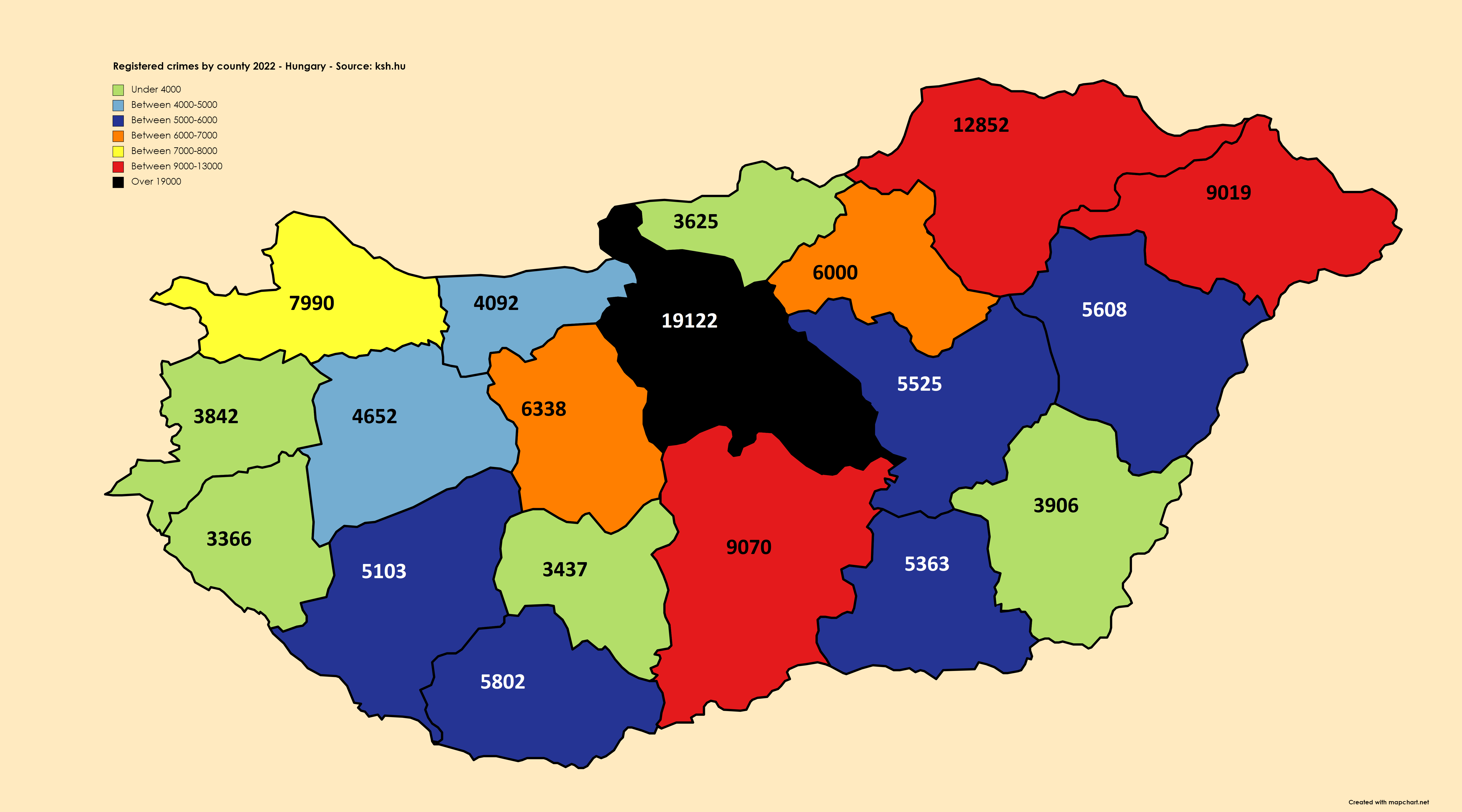 Registered crimes by county in Hungary 2022 r/MapPorn
