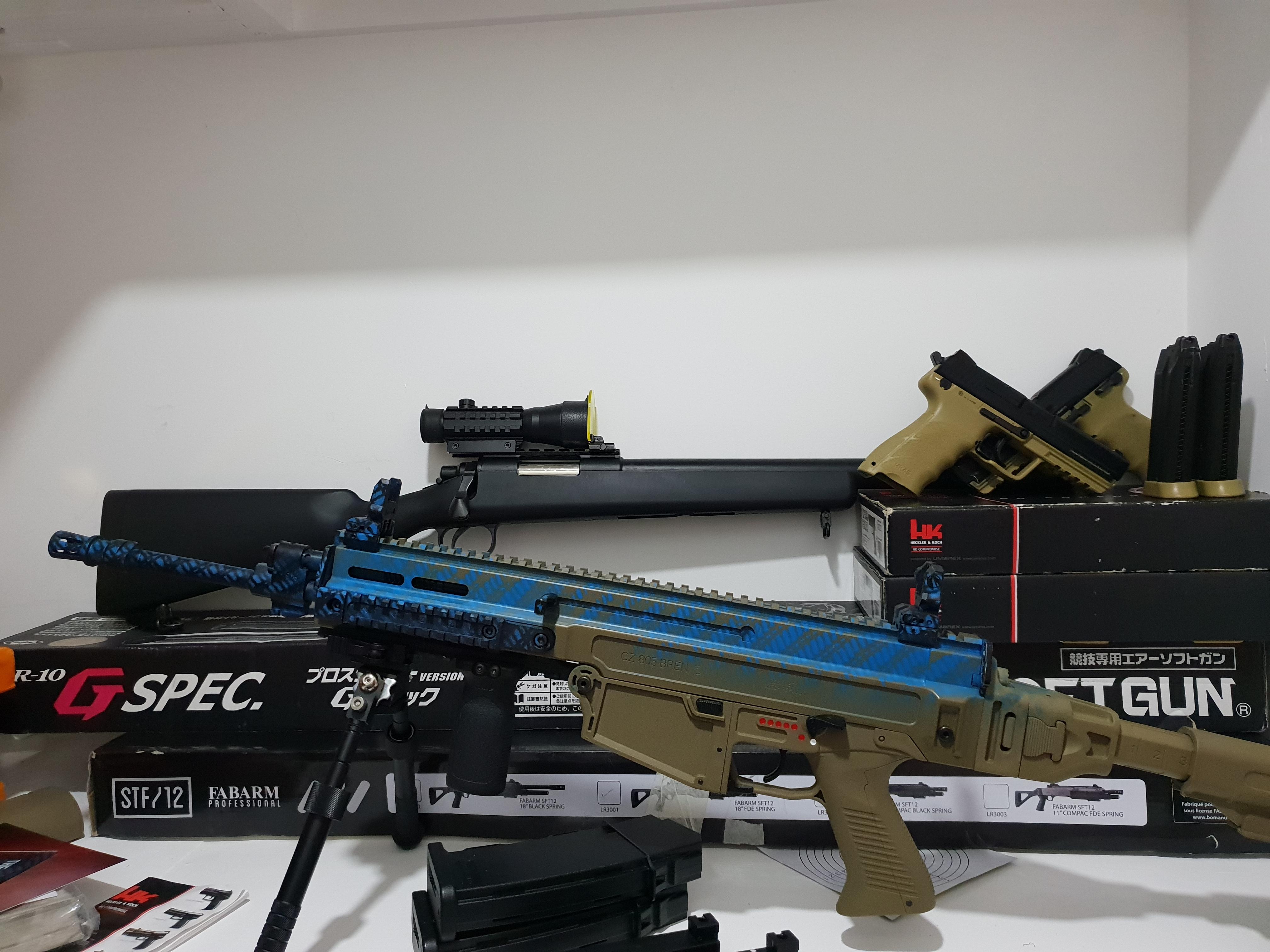 My airsoft collection. Going to fit the cz805 with m4 mid caps and