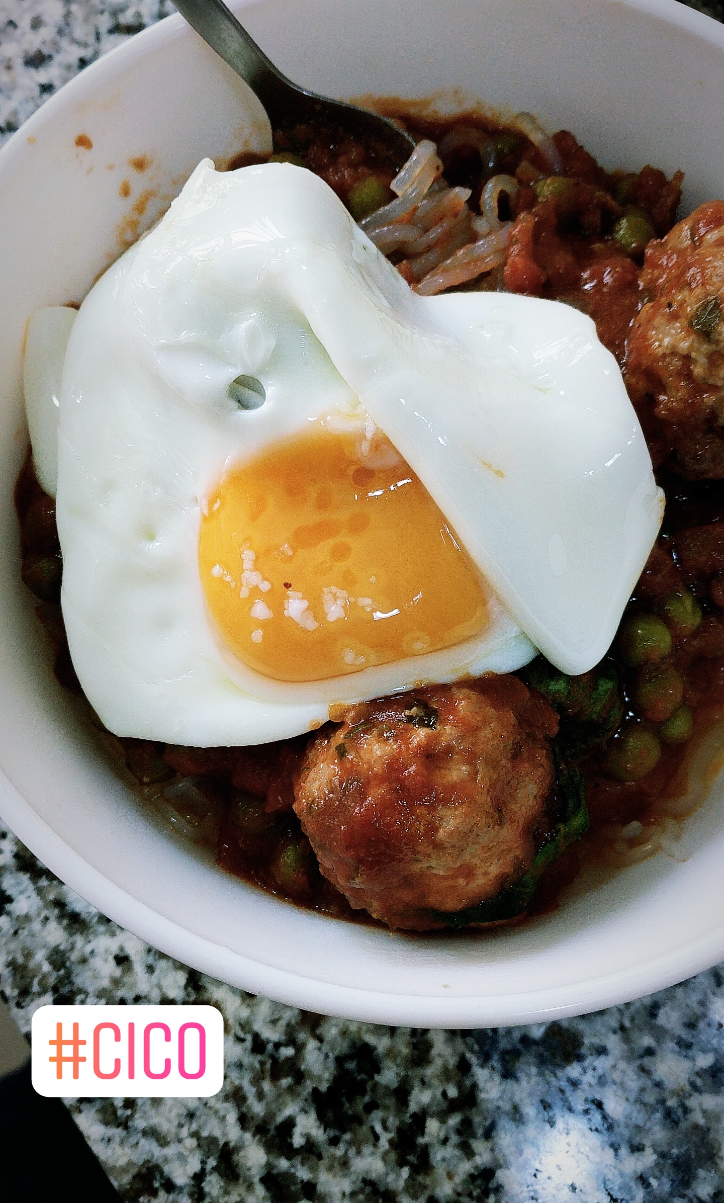 Turkey meatballs with peas and egg over shirataki noodles. 390 cals