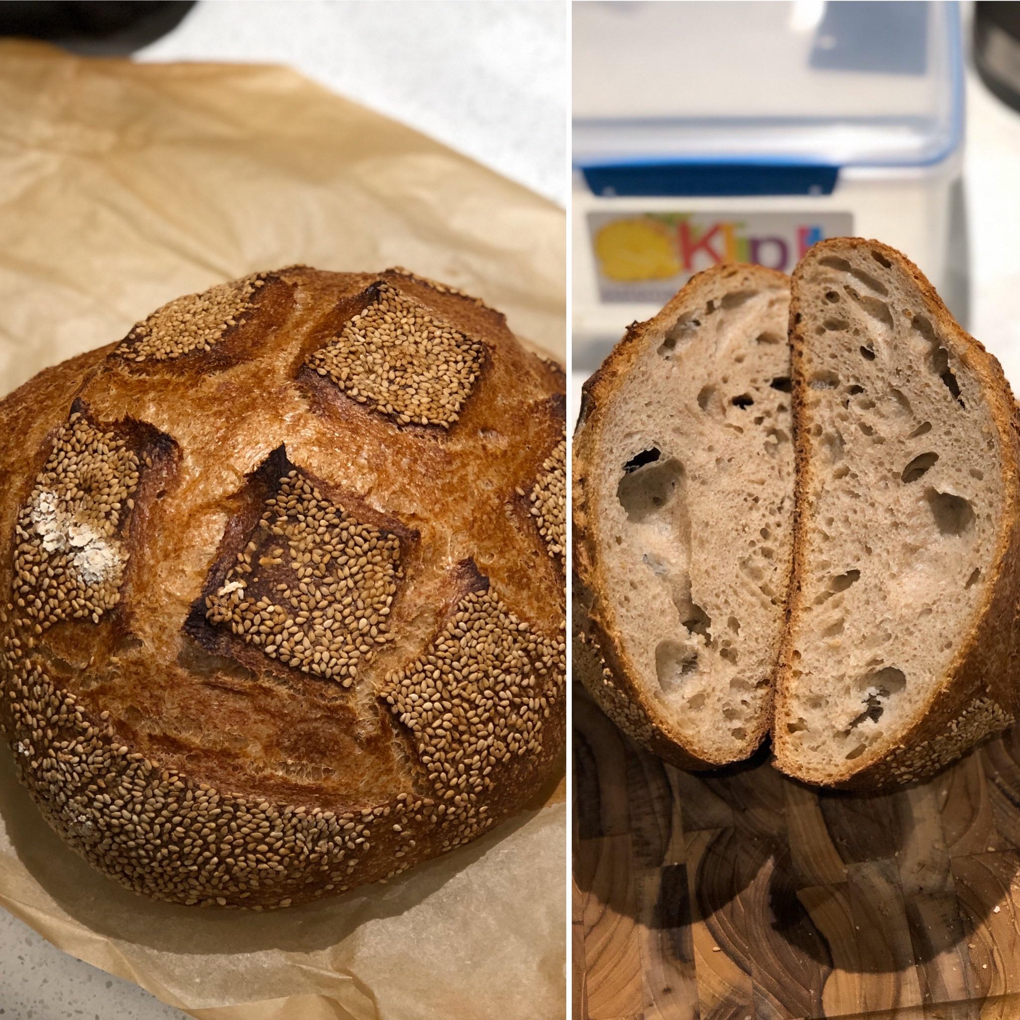 First sourdough rye/whole wheat bread. Some serious tunneling though