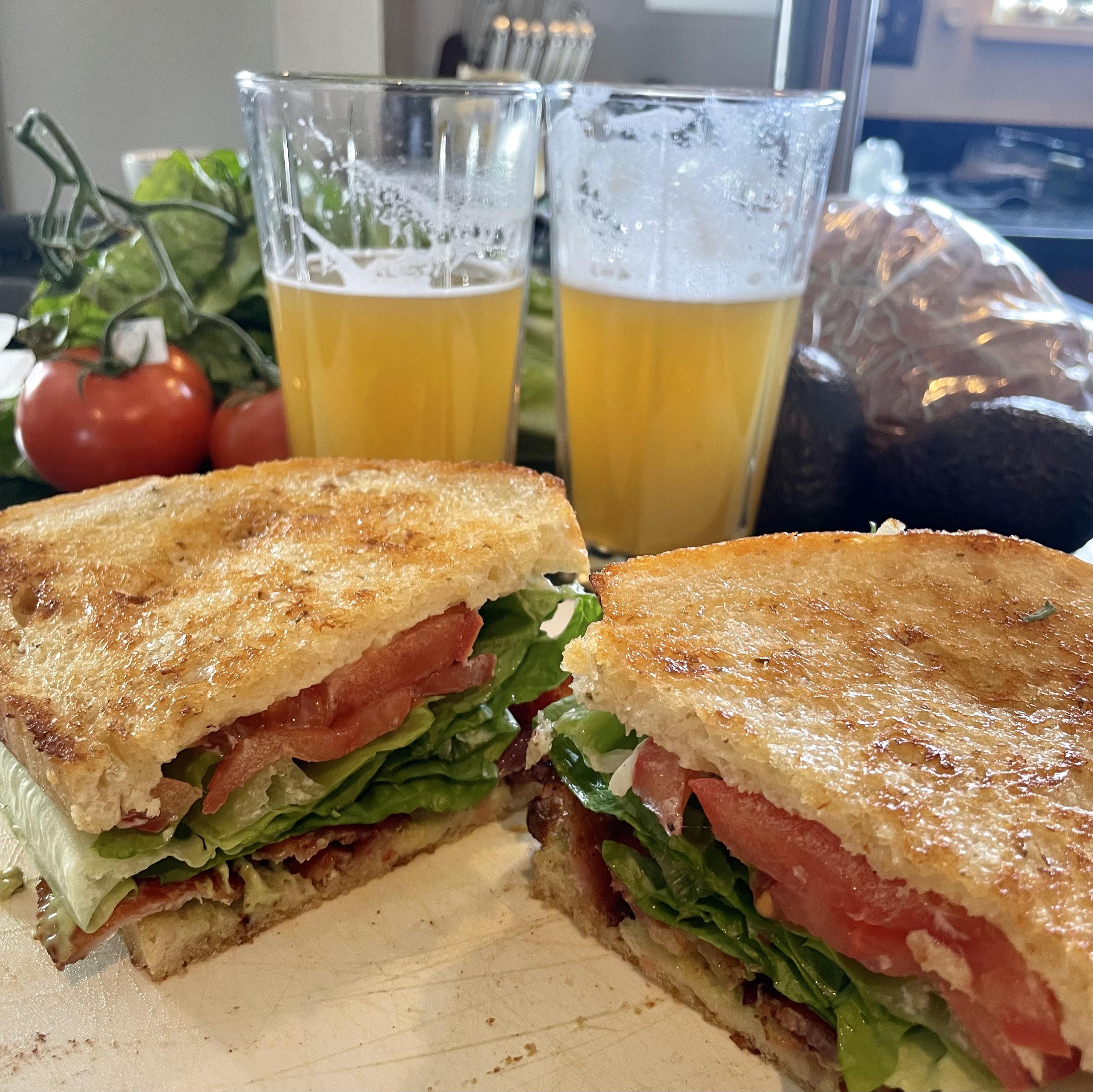BLT on sourdough with an avocado spread and homemade bacon garlic aioli
