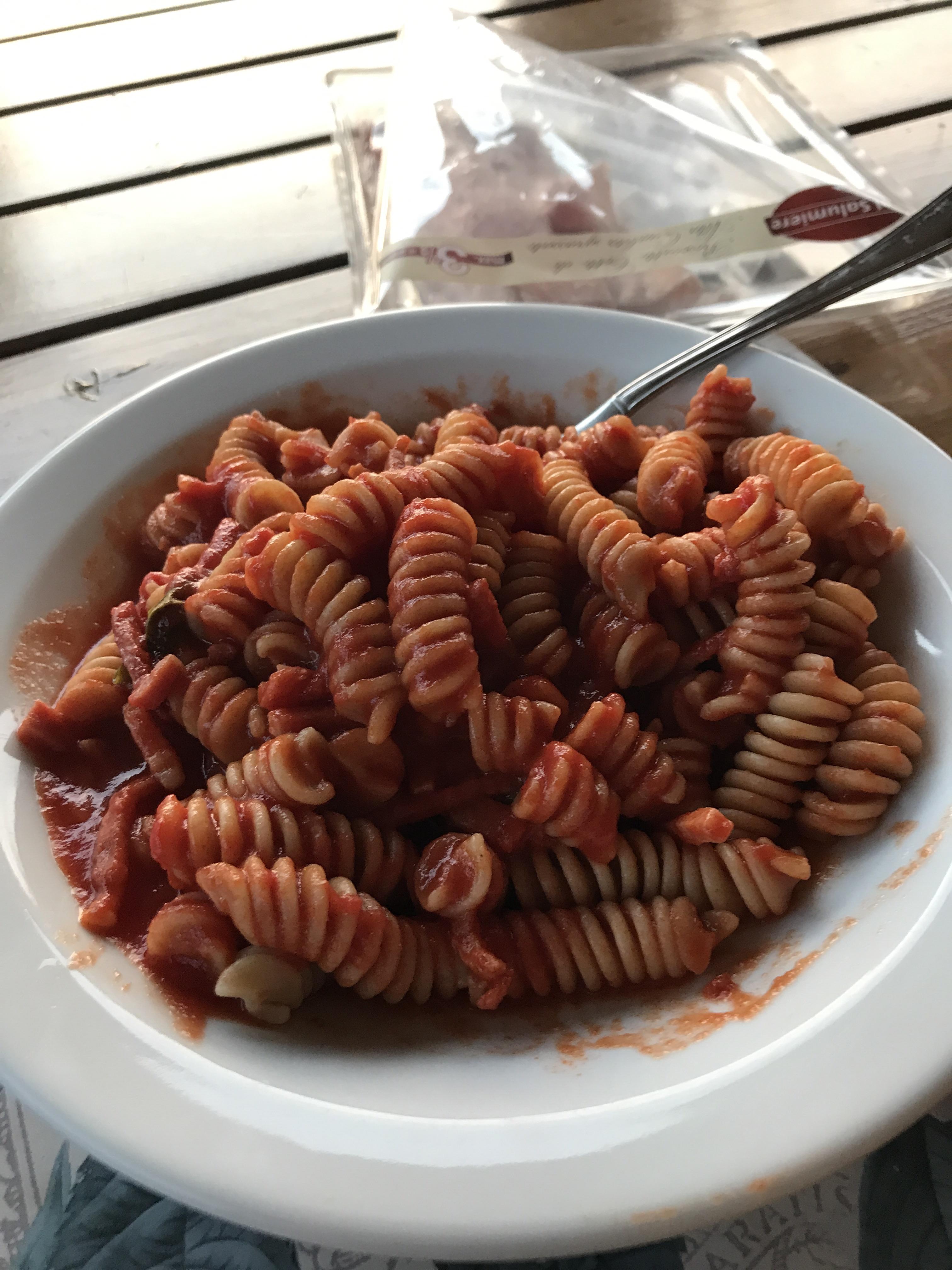 Tomato and smoked bacon pasta (471 kcal) r/1200isplenty