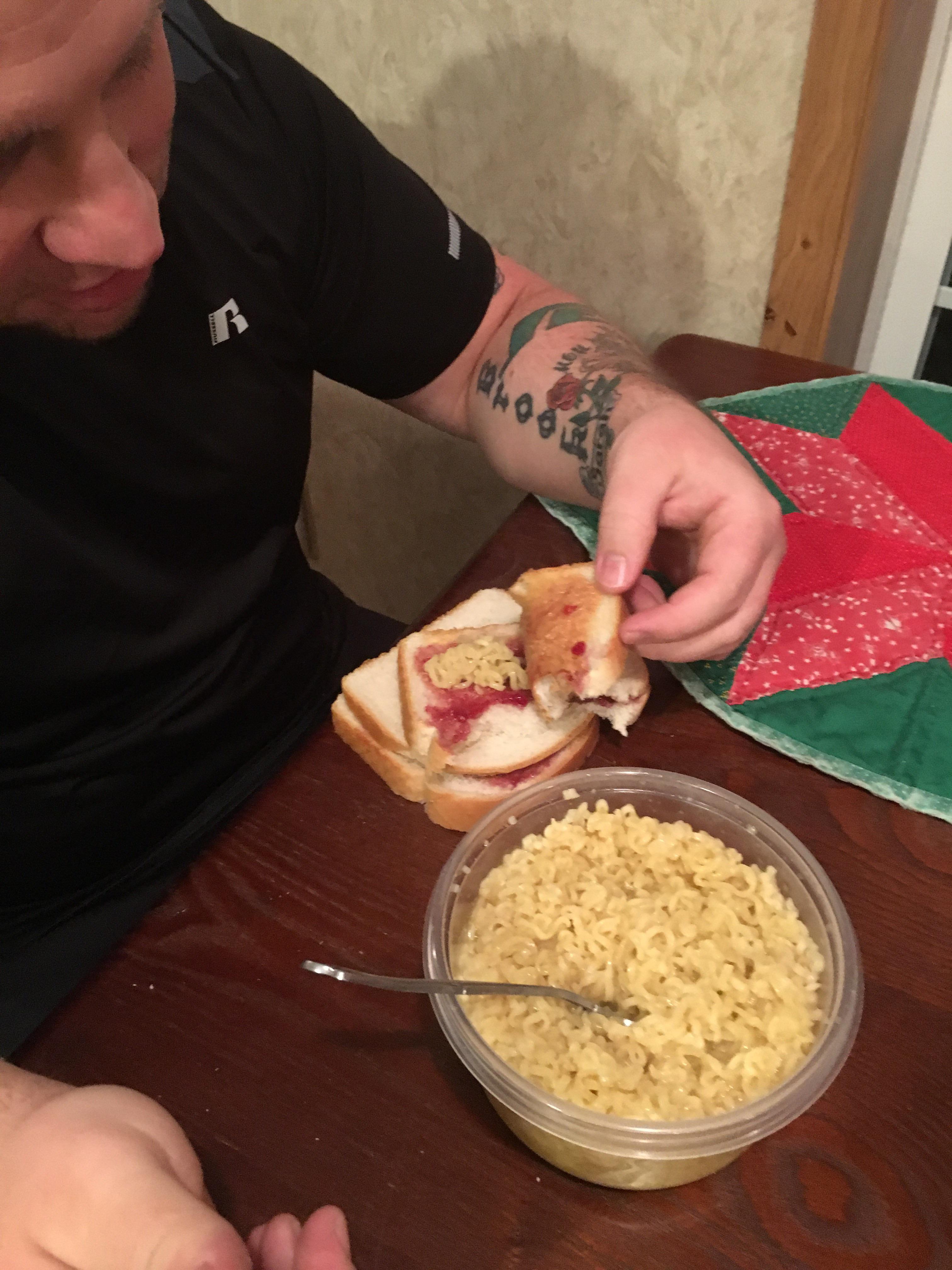 Peanut butter, jelly, and ramen noodle sandwich presented by my high