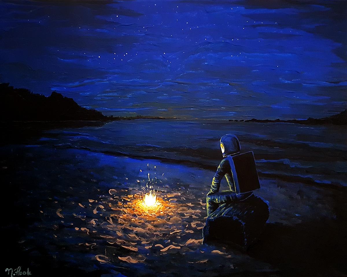 Did an acrylic painting of an astronaut on the beach at night. r/pics