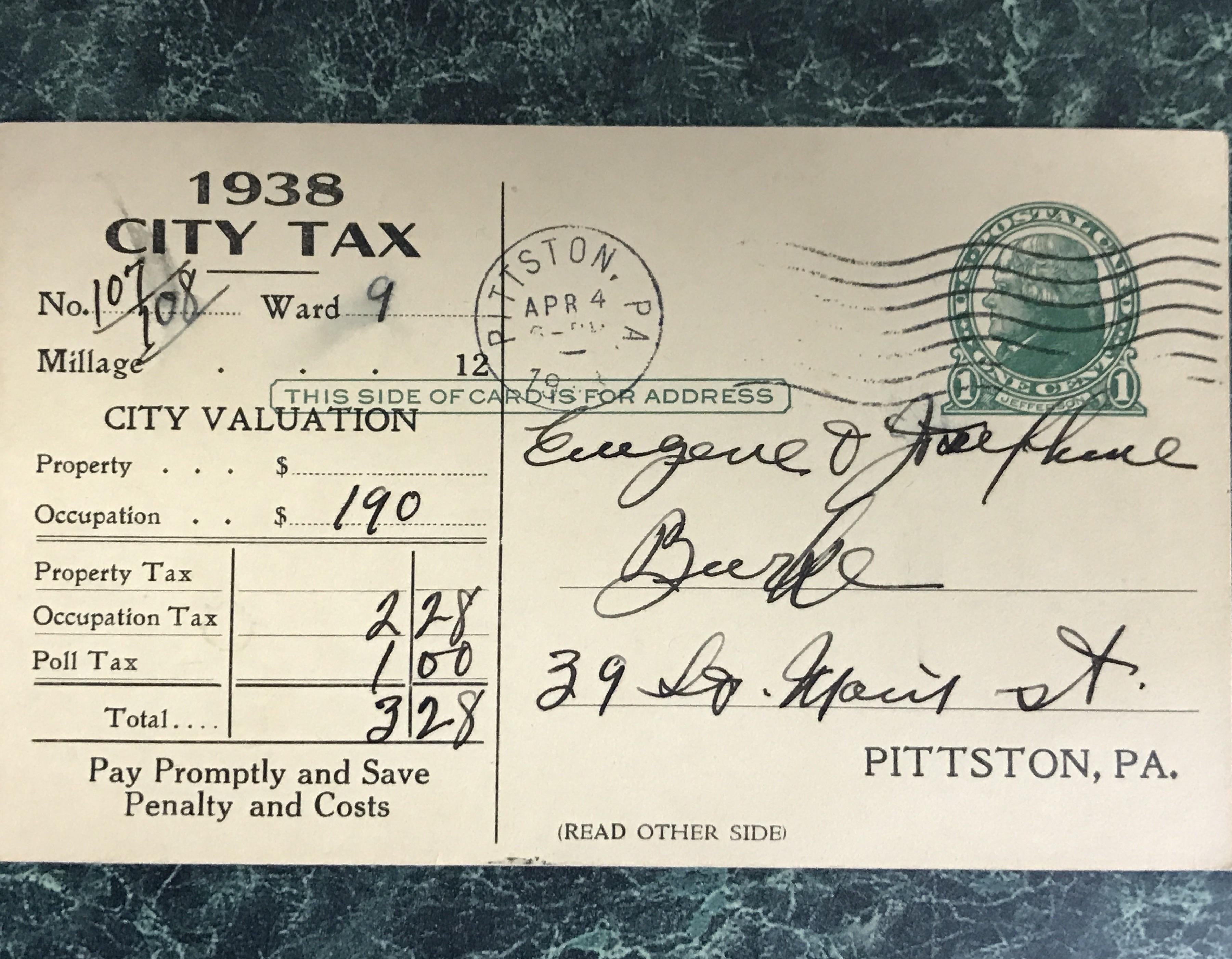 I Got this cool gift from a tax client, 1938 Pittston PA tax bill