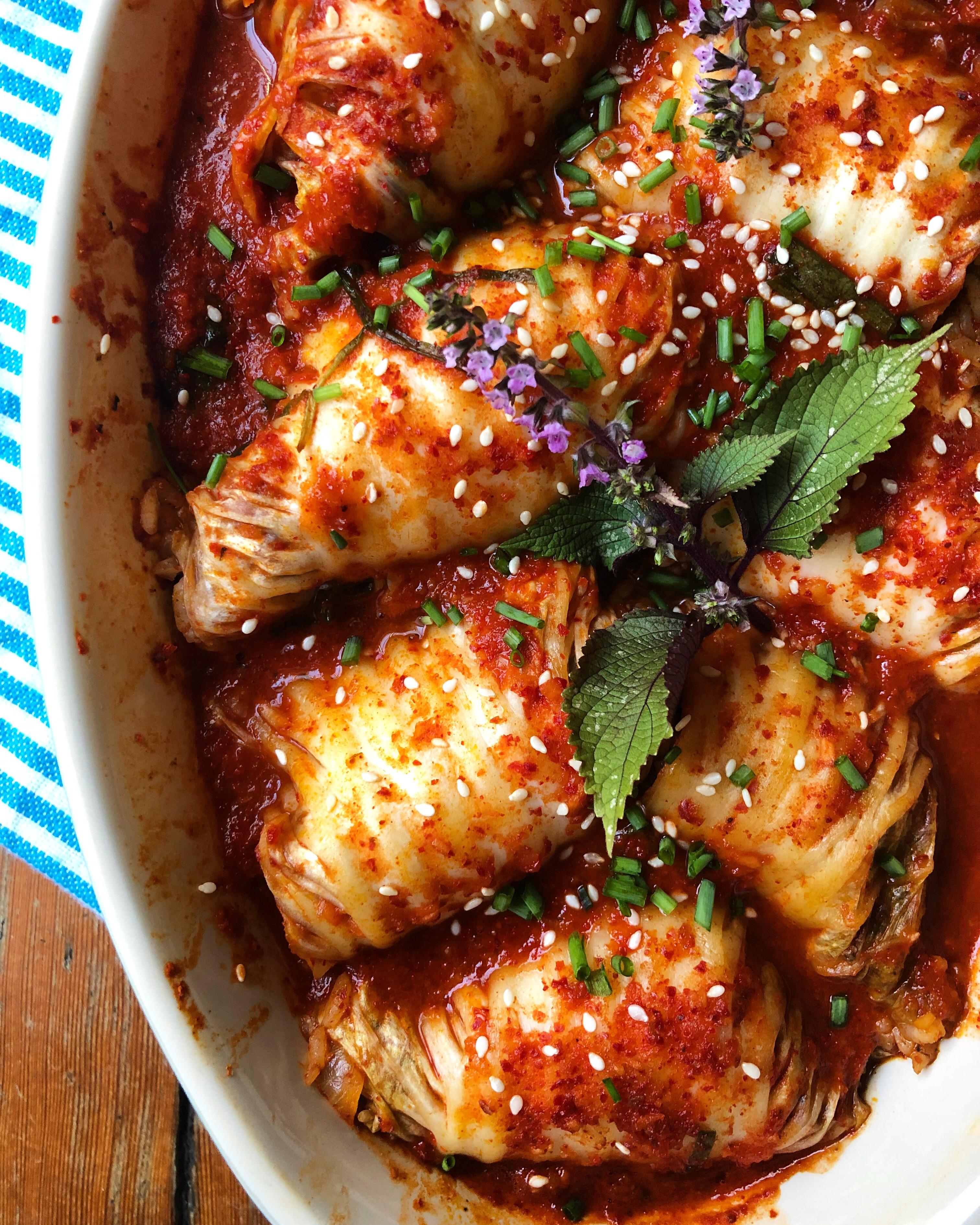 Korean goluptsy — cabbage rolls made with wholeleaf kimchi and stuffed