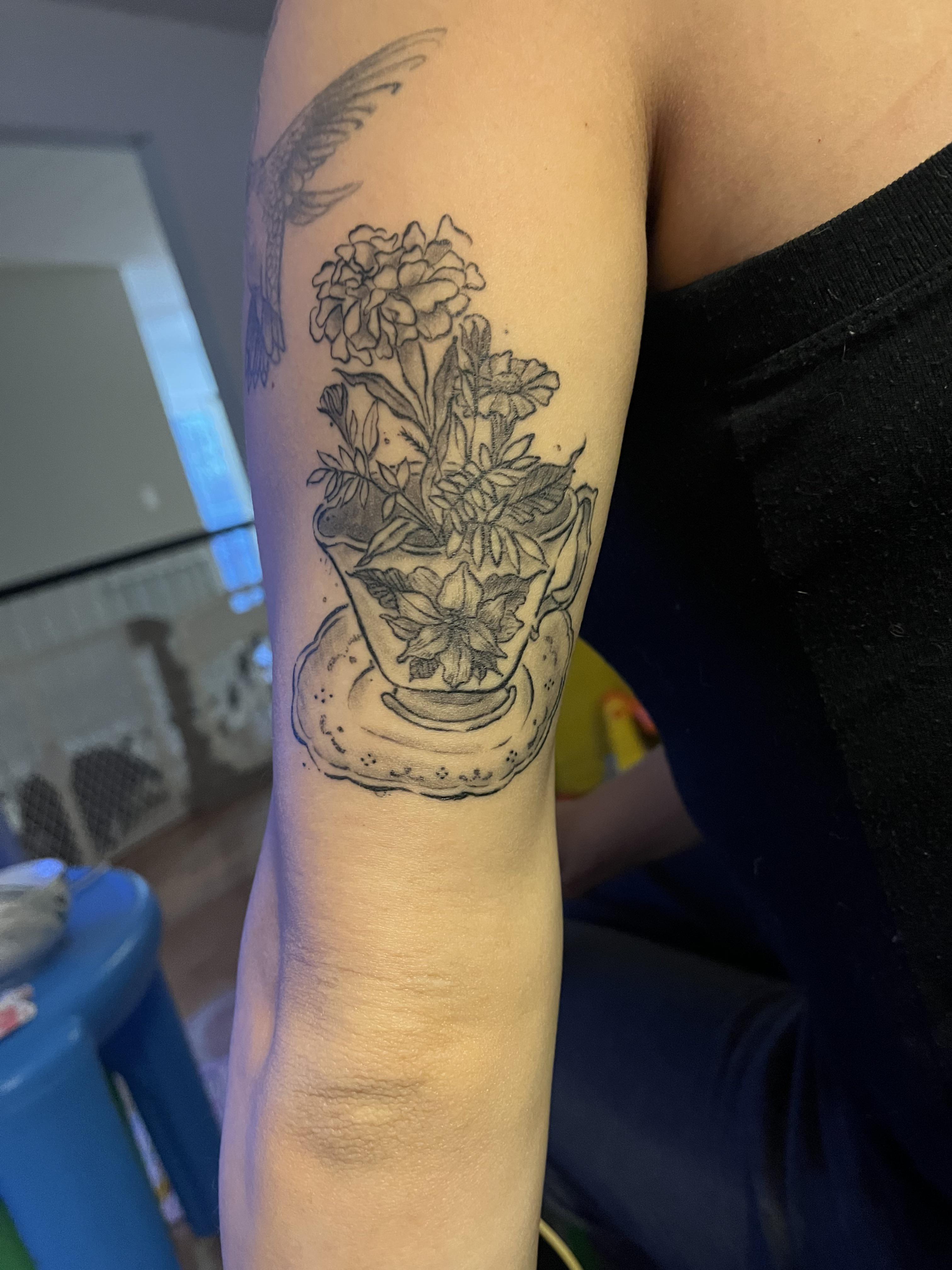 Penelope Shrub Rose And Tea Cup With Marigolds For My Half Sleeve By Randi Scott At Soul One Tattoo In London On : R/Tattoos 4032_x_3024_jpg