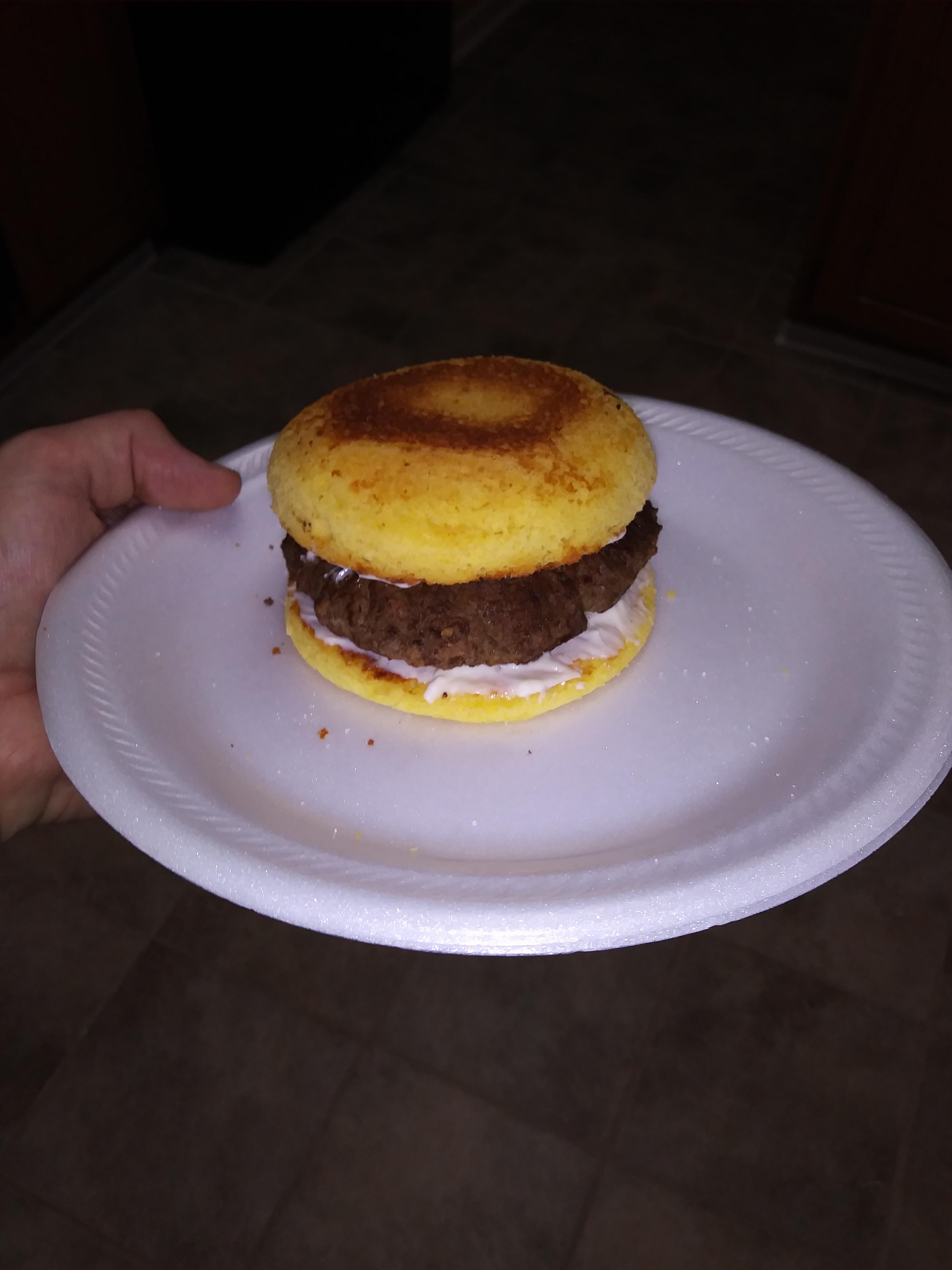 Fried hamburger with mayo on a keto bun. ketorecipes