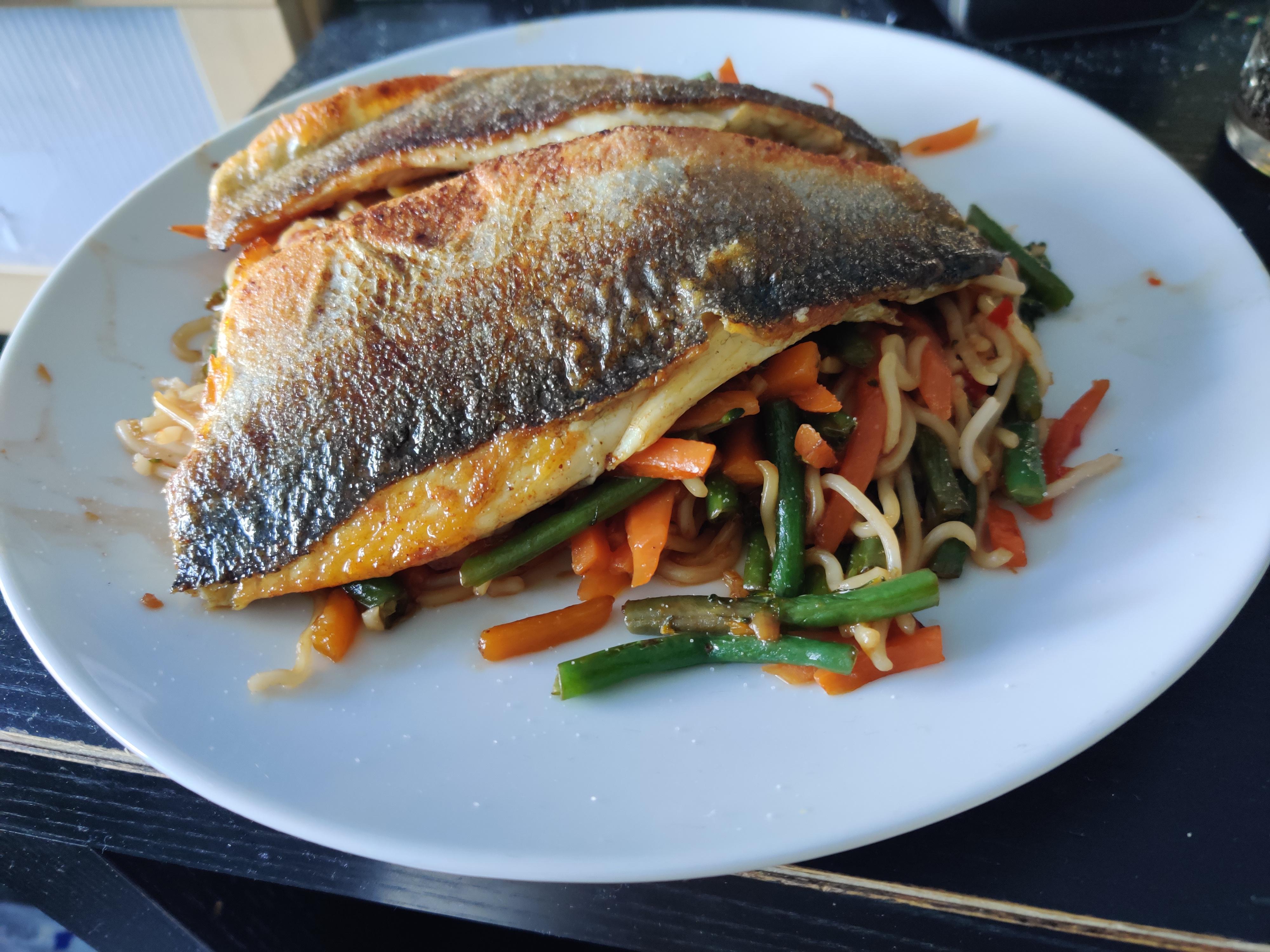 First ever attempt at cooking sea bass, on top of stir fried veg and