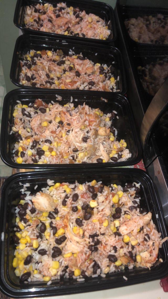 Each bowl is only 625 calories. Chicken, rice, black beans, corn, and