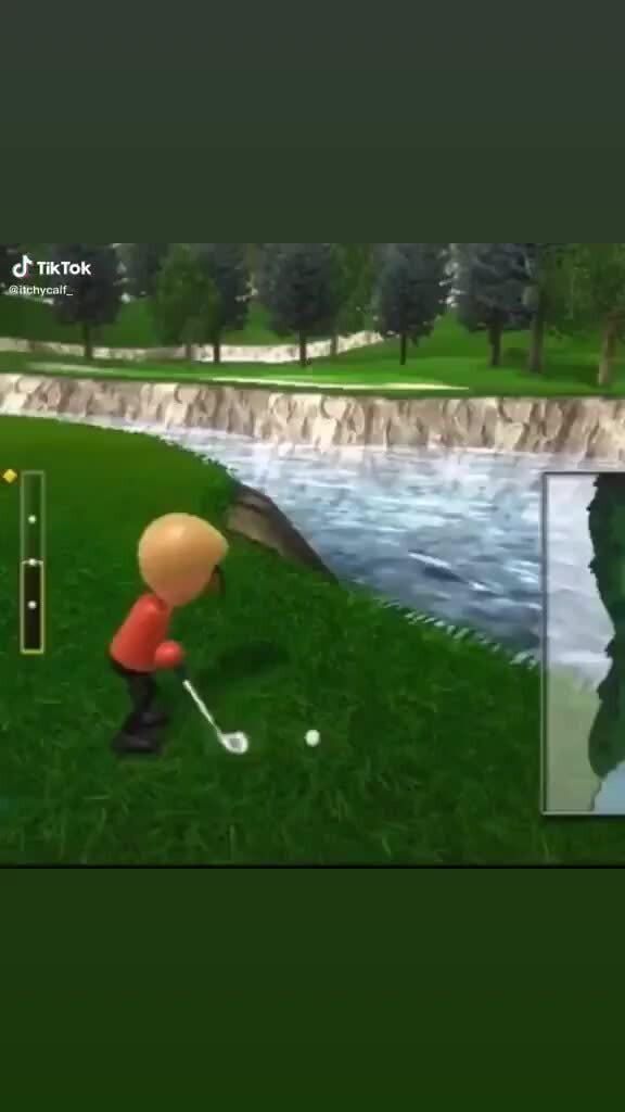 Looking for a meme where a person is playing wii golf, they make a shot