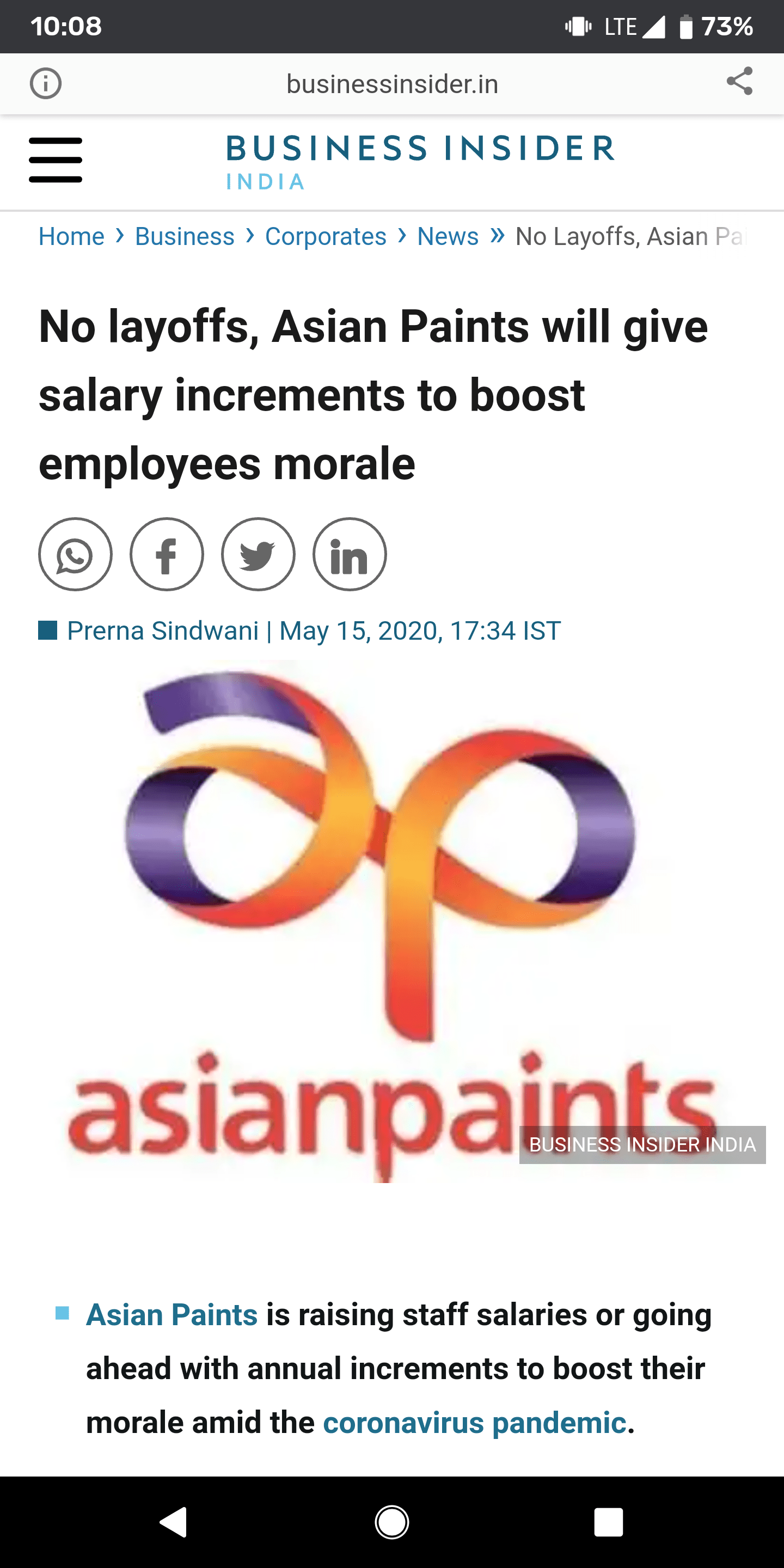 Biggest paint manufacturer of India raises salaries during Covid. r