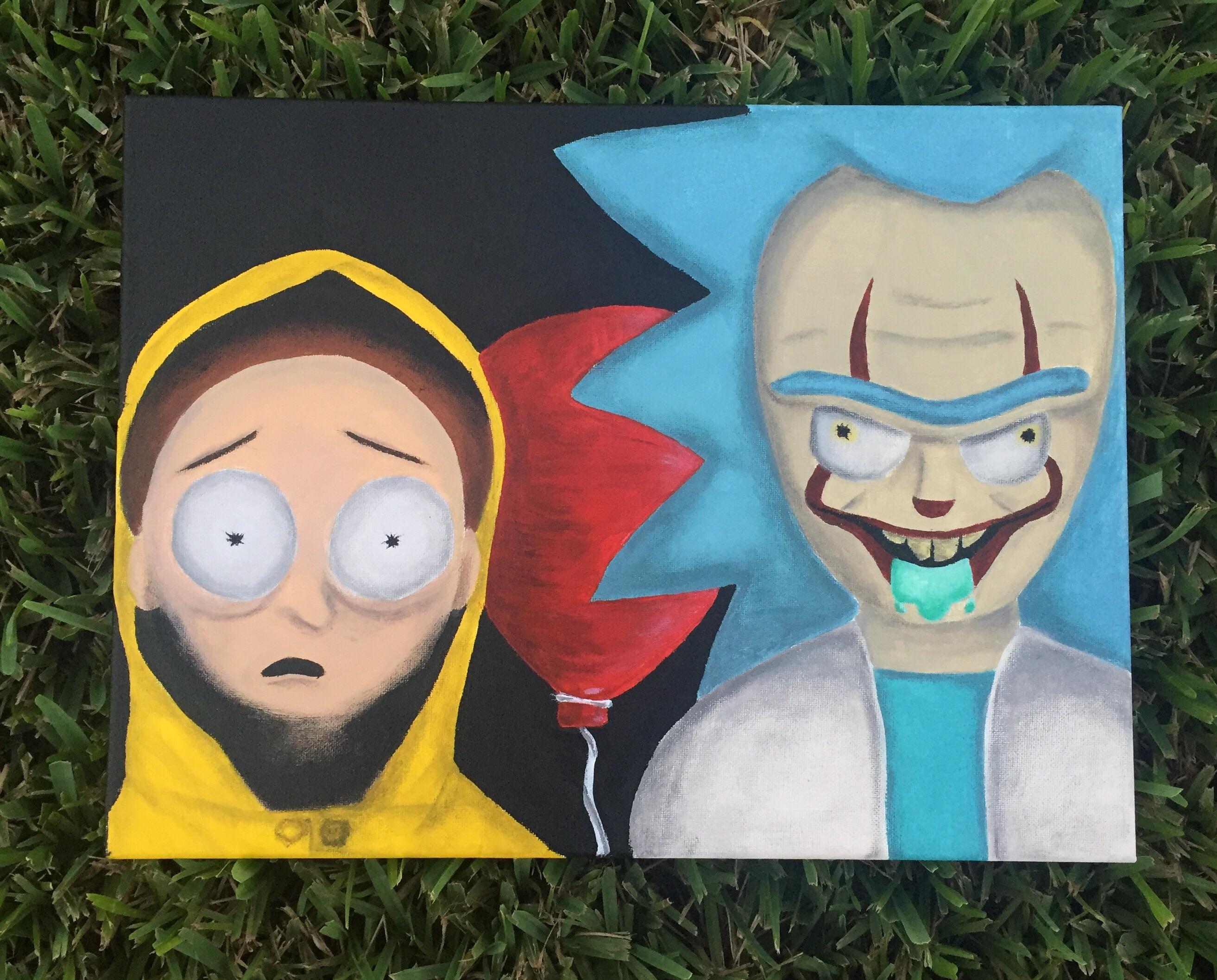 A Rick and Morty/IT mashup painting that I did. 16"x12", acrylic on
