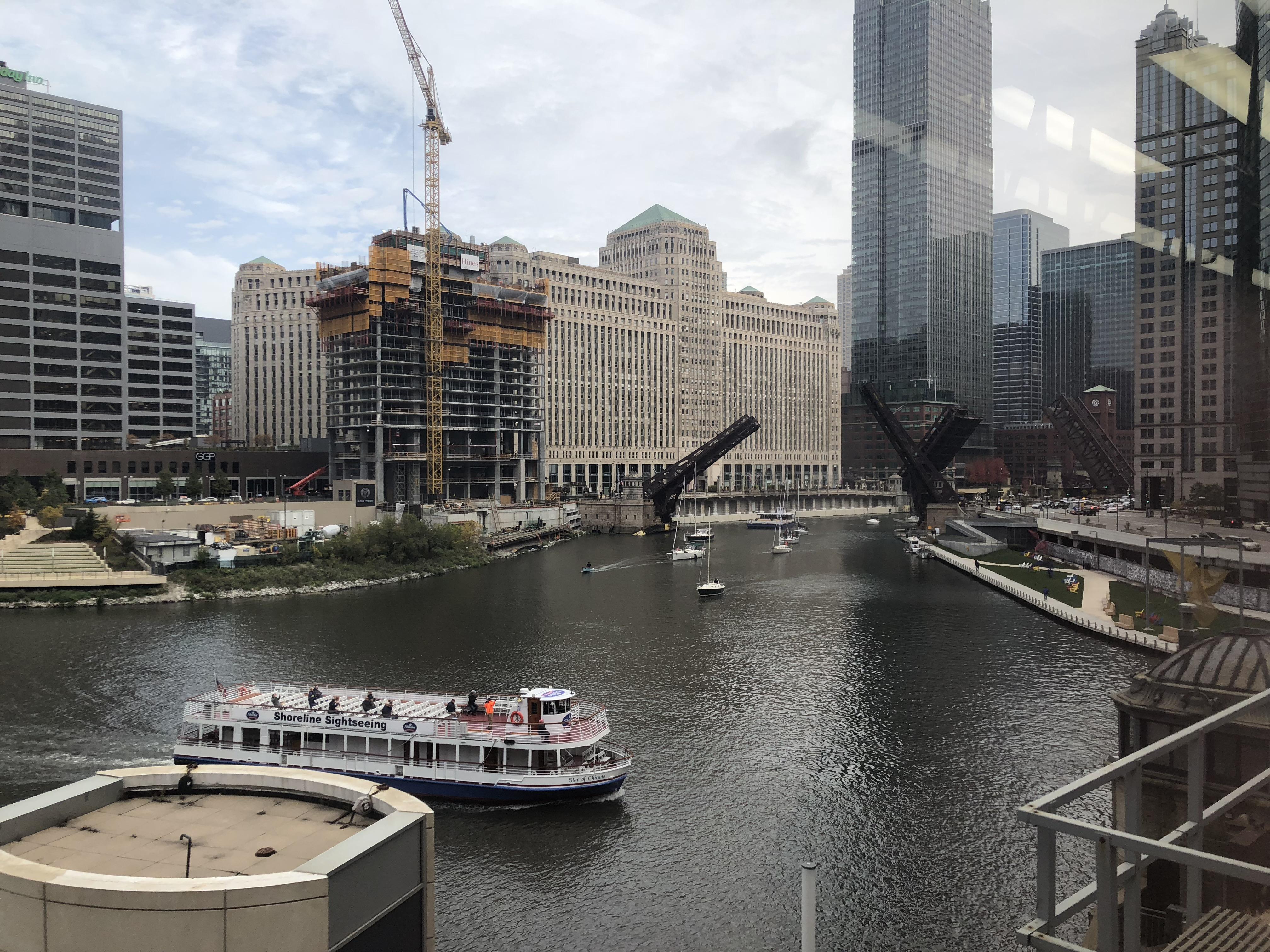 Downtown Chicago, raising Chicago River bridges for the boats to go