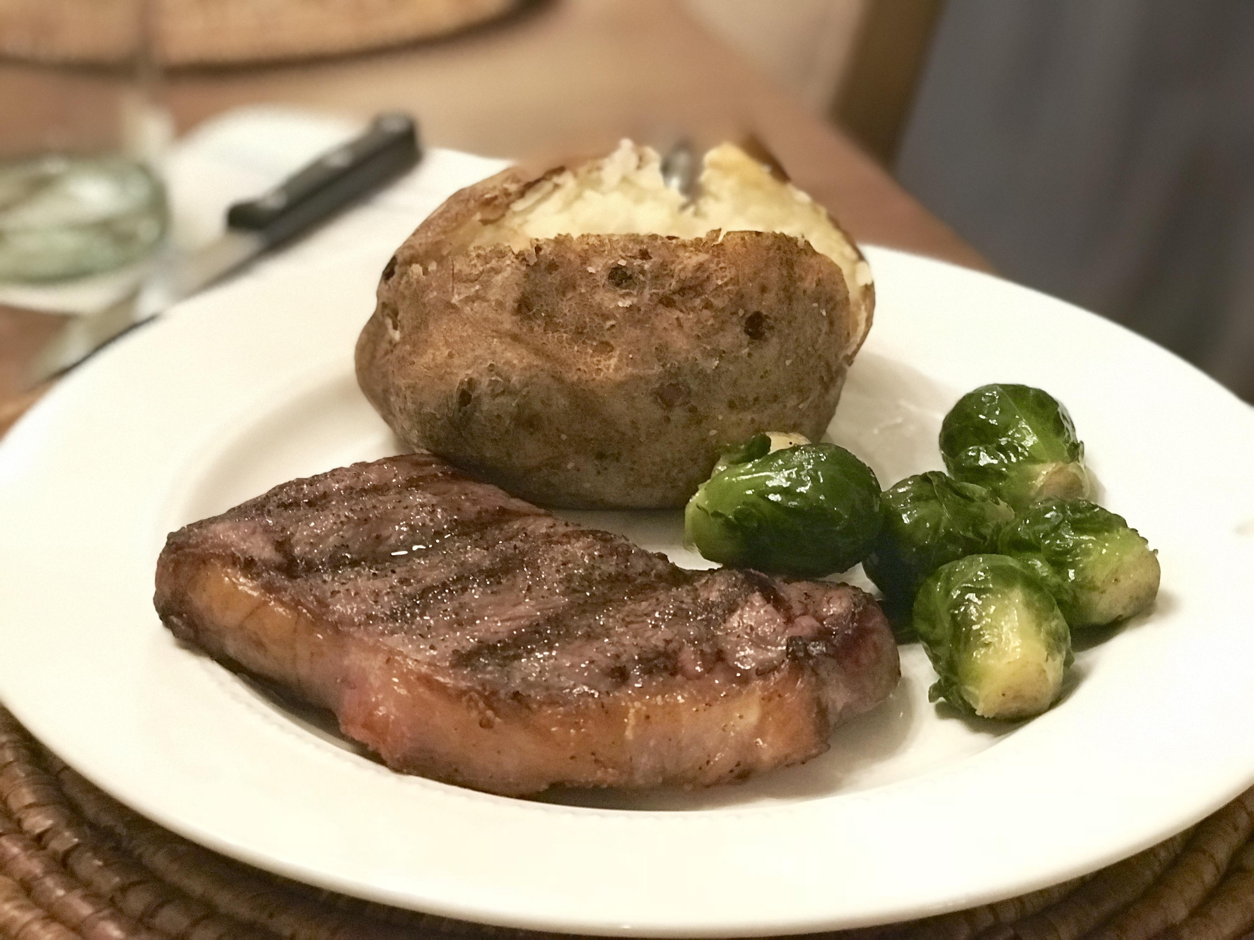 [homemade] grilled strip steak, olive oil & salt rubbed baked potato
