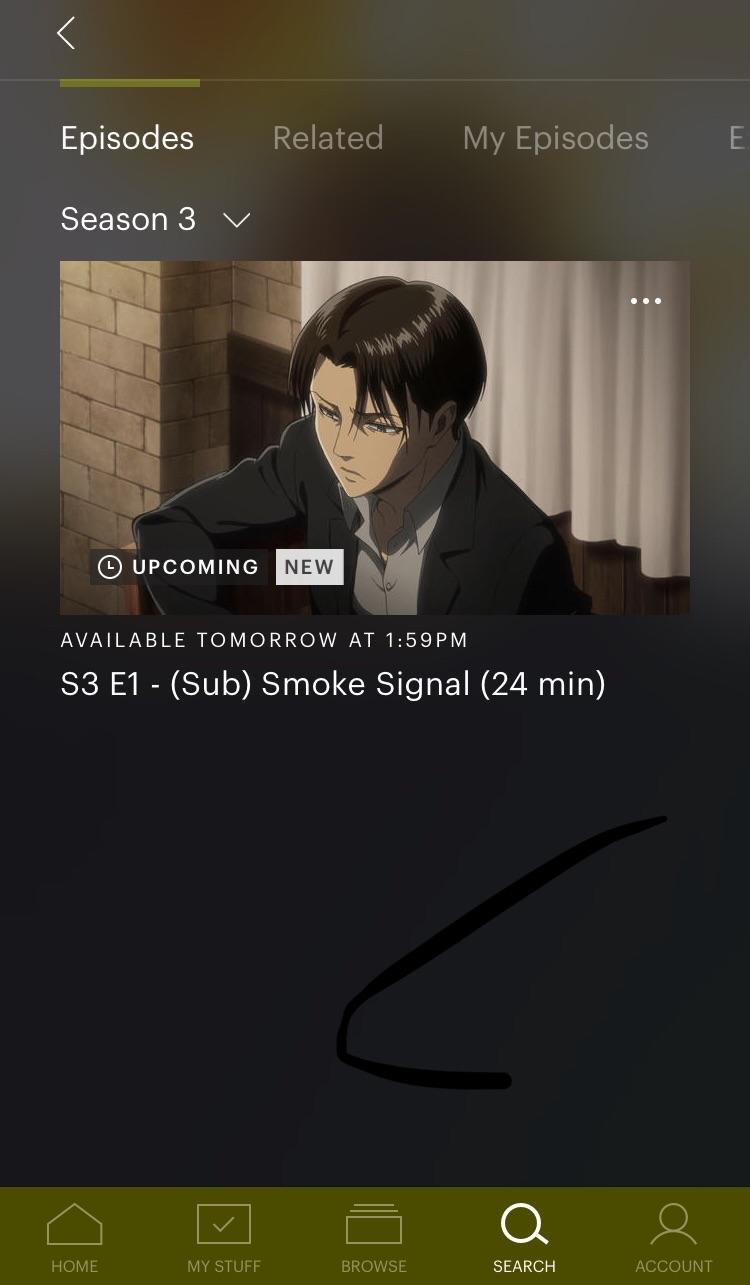 Was looking at Hulu for AoT episodes and saw this. S3E1 available 1