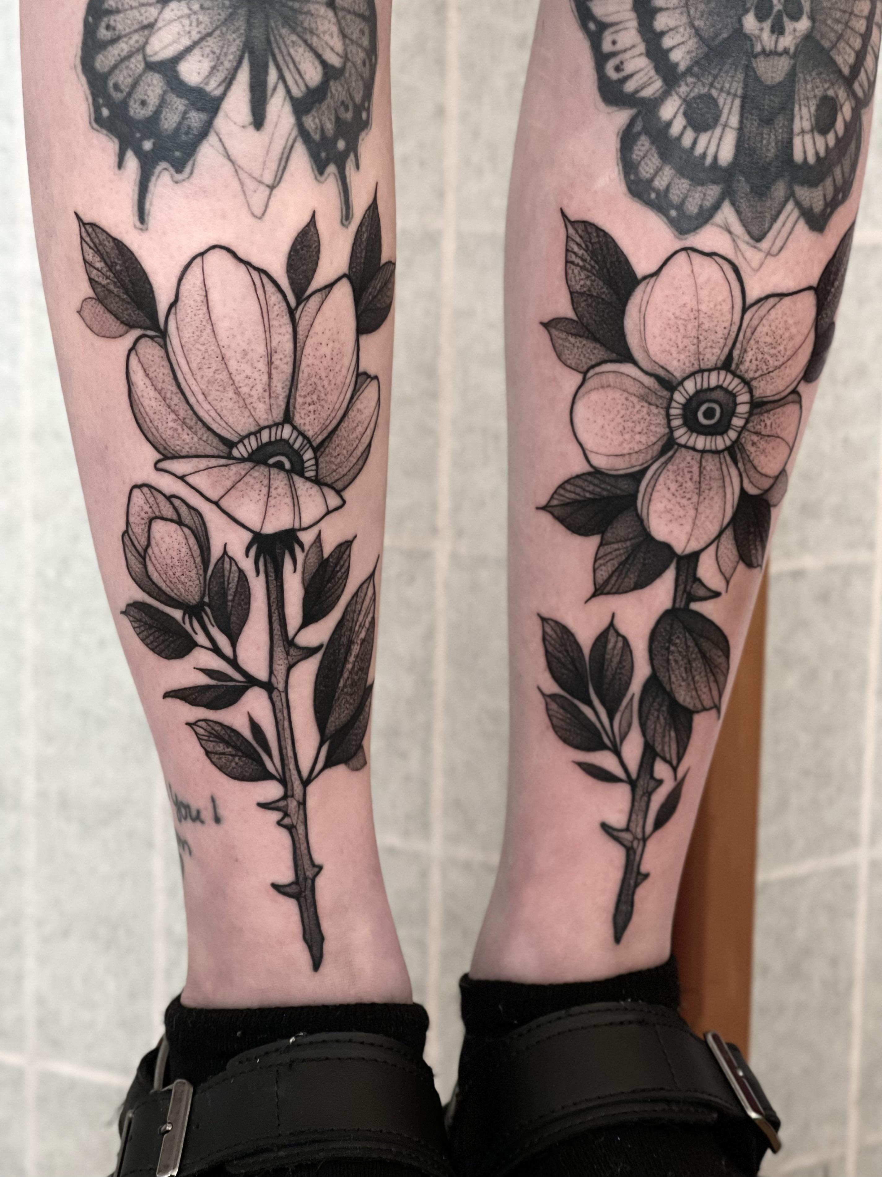 Blackwork flowers done by Max LaCroix at Akara Arts in Milwaukee, WI