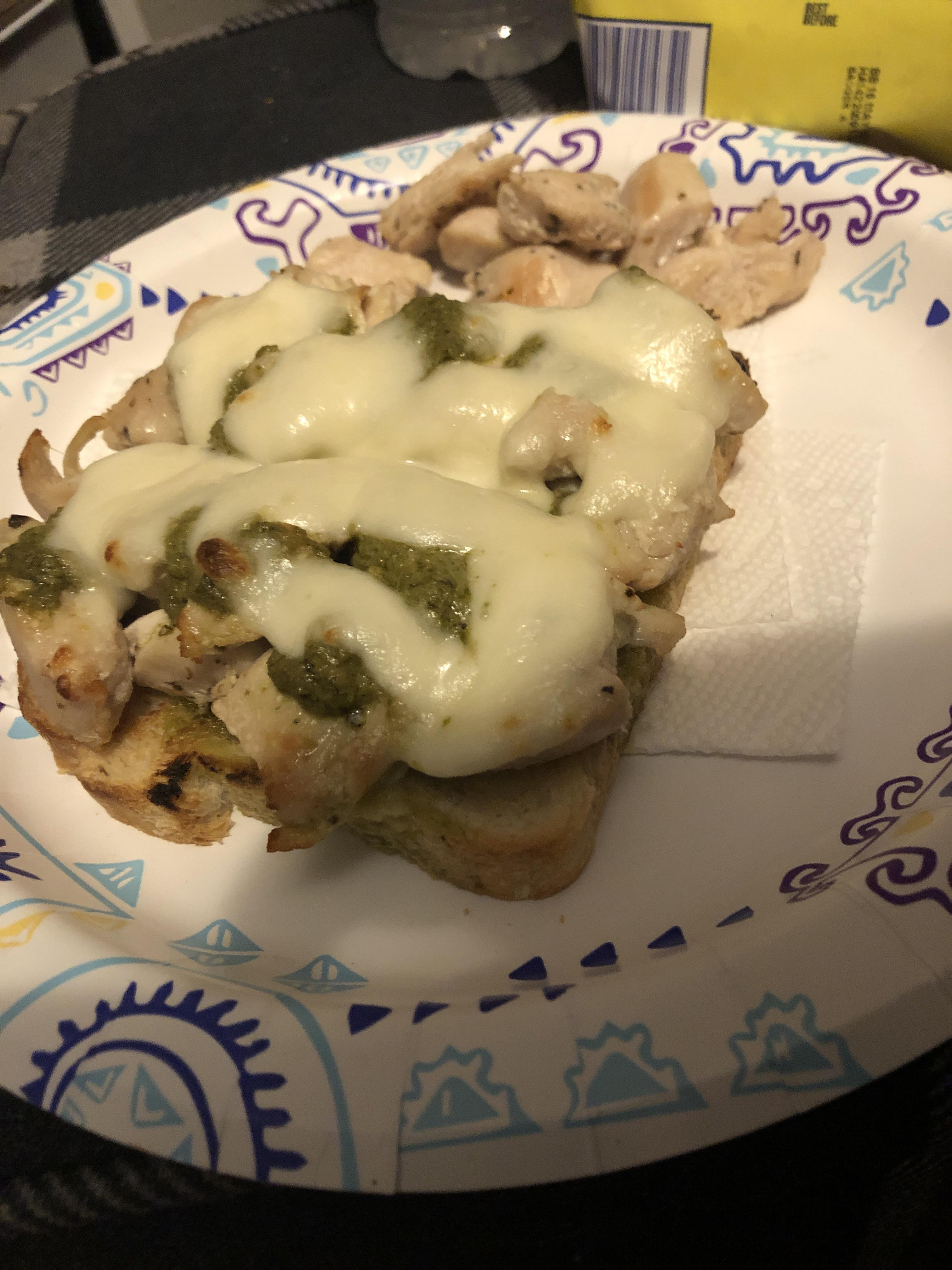Dinner last night. TJs sourdough topped with chicken breast with the